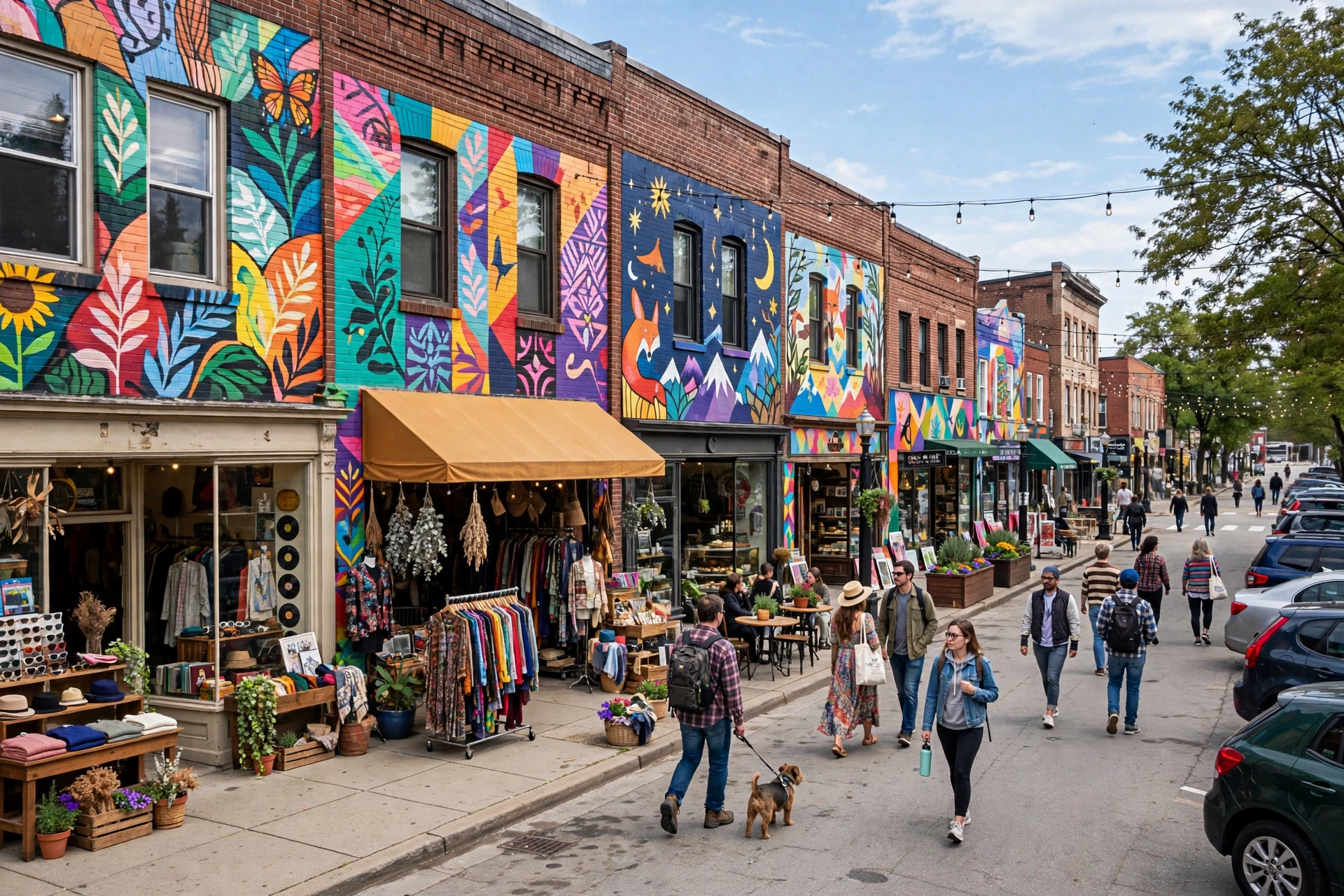 Coventry Village commercial street in Cleveland Heights, Ohio, with eclectic vintage storefronts, murals, and pedestrians