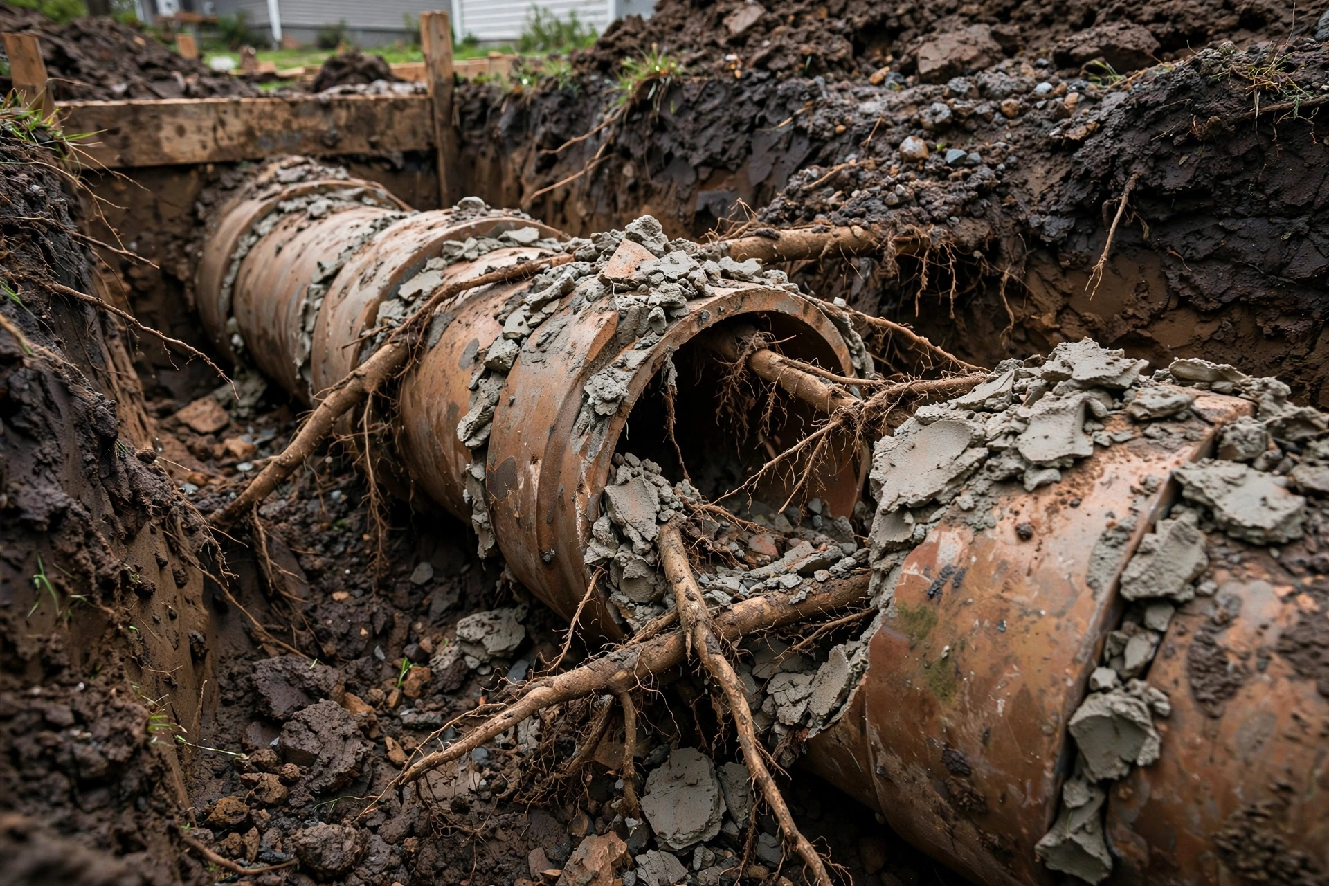 Excavated section of vitrified clay tile sewer pipe with crumbled mortar joints and tree root intrusion in Cleveland Heights, Ohio soil