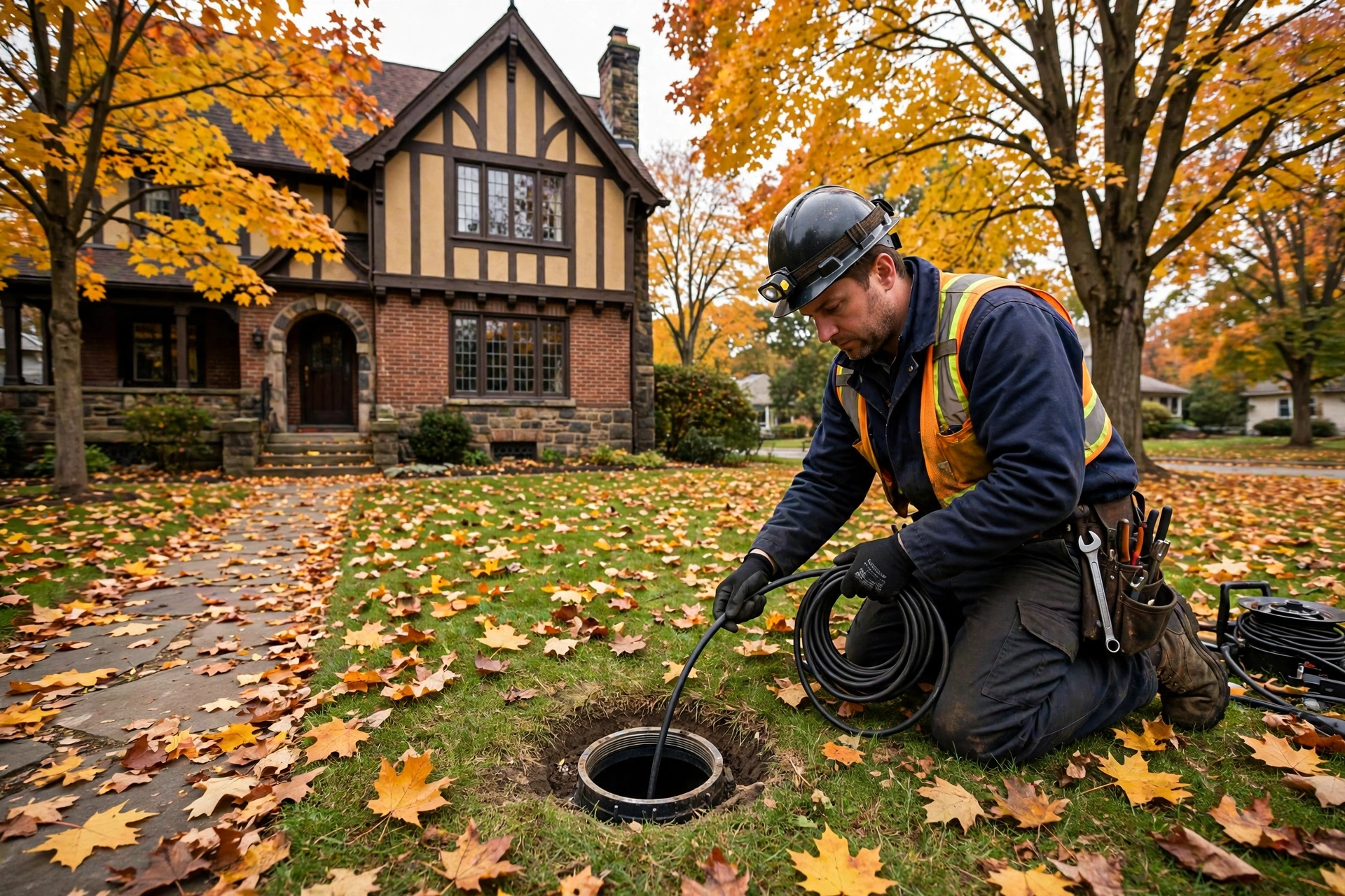 Sewer technician requirementding a camera cable into a cleanout in the front yard of a 1920s Tudor home in Cleveland Heights, Ohio, with mature maple trees and fall leaves