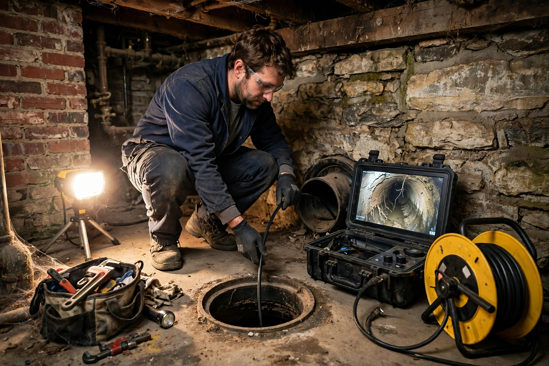 Technician running a sewer camera inspection in an older Cleveland home with brick and stone basement walls, monitor showing the inside of the pipe