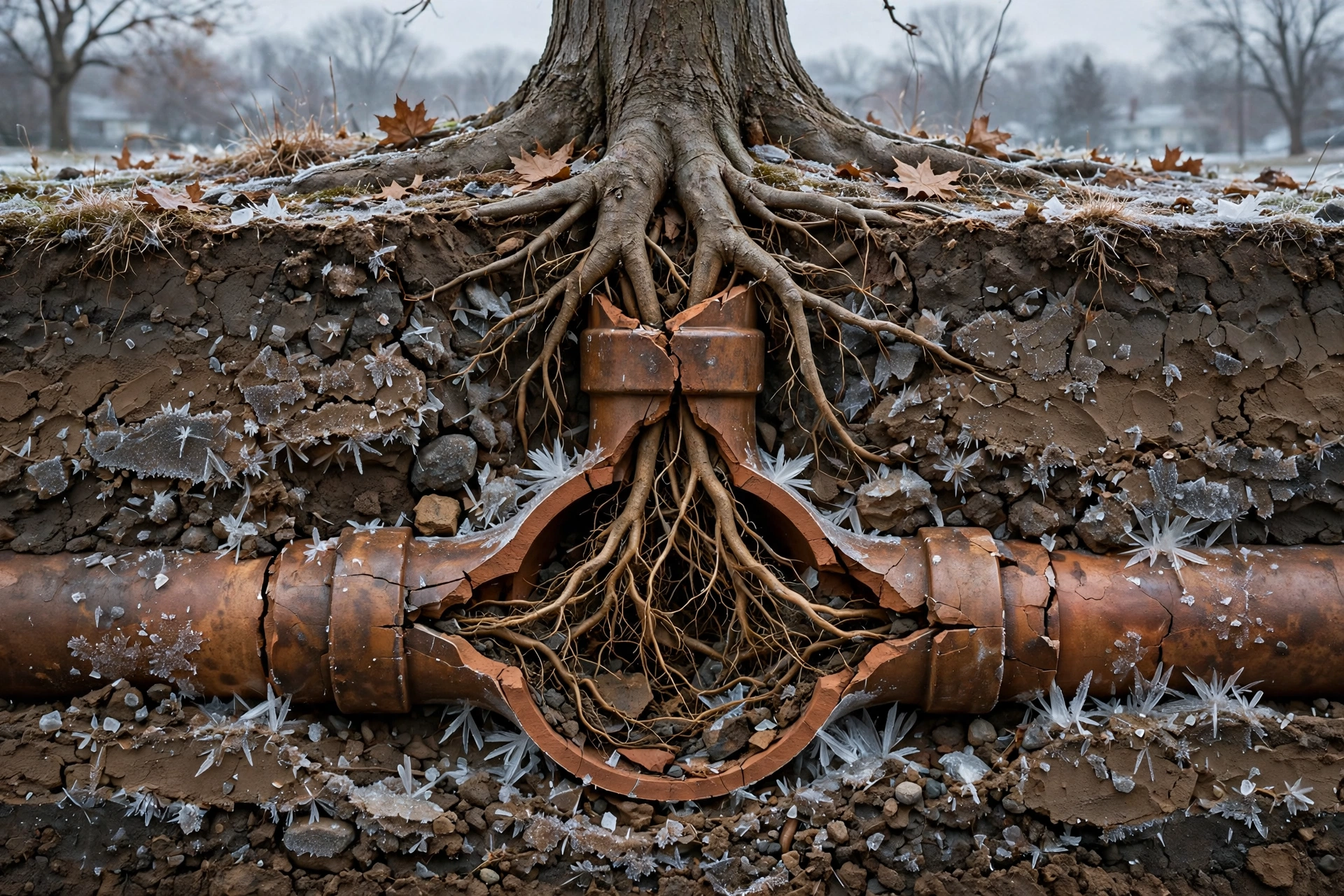 Cutaway view of an old clay sewer pipe in frozen Cleveland clay soil, with maple tree roots breaking through the pipe joints