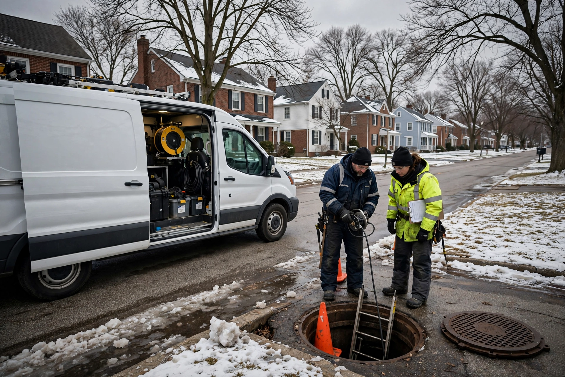 Ohio Sewer Masters crew with camera inspection van working on a residential street in a Cleveland suburb in winter, brick homes and bare maple trees along the curb