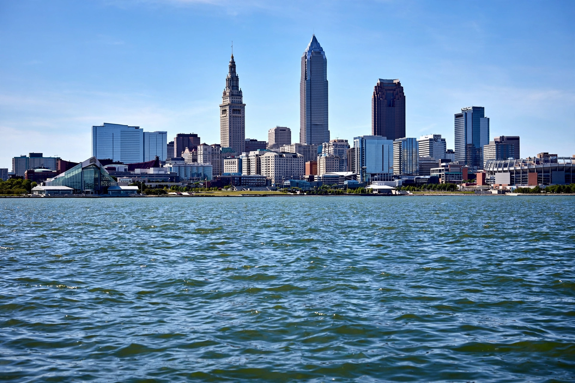 Cleveland downtown skyline viewed from Lake Erie