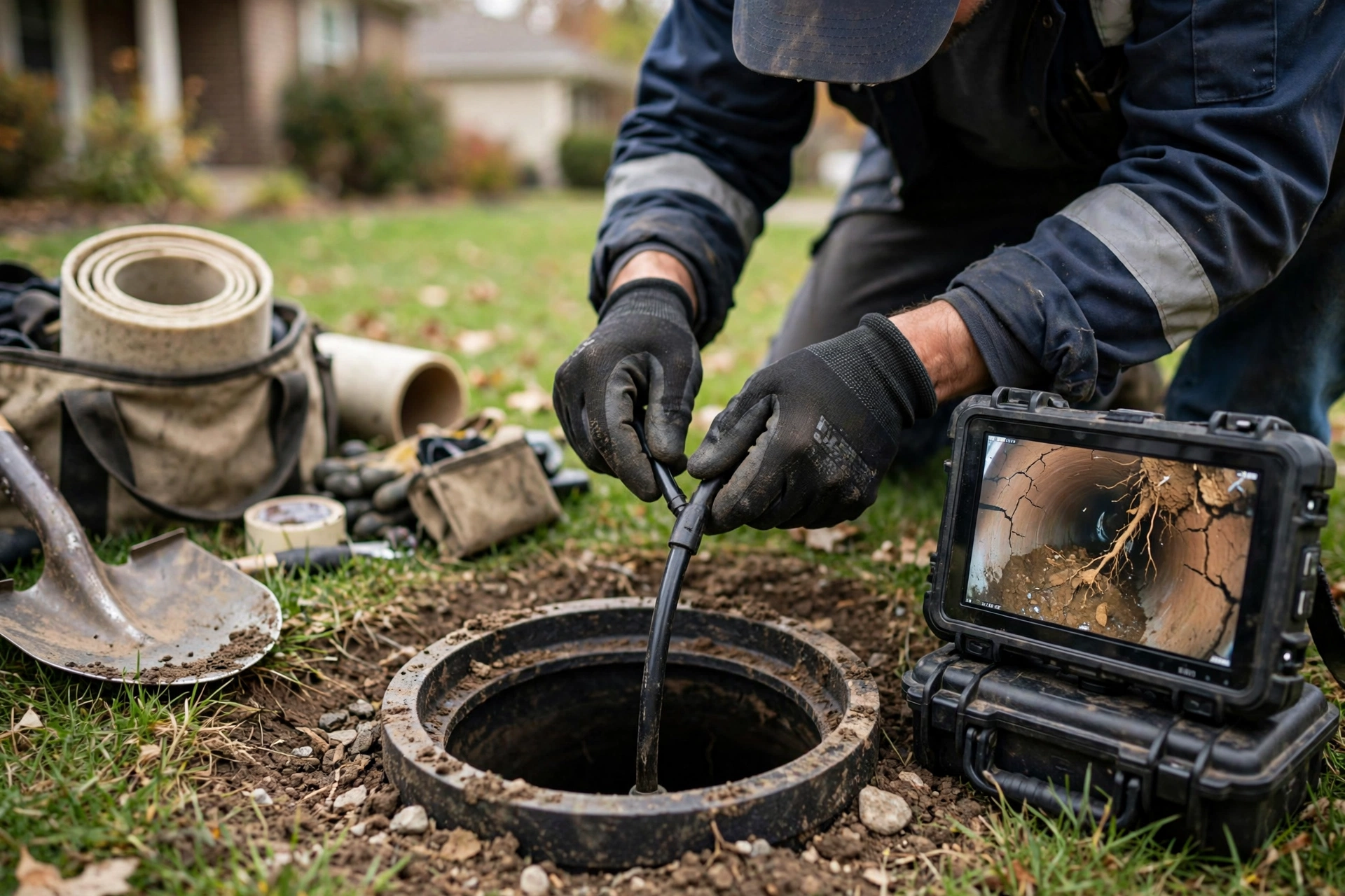 Technician feeding a sewer camera into an open cleanout pipe in a Columbus area front yard with a monitor showing the pipe interior