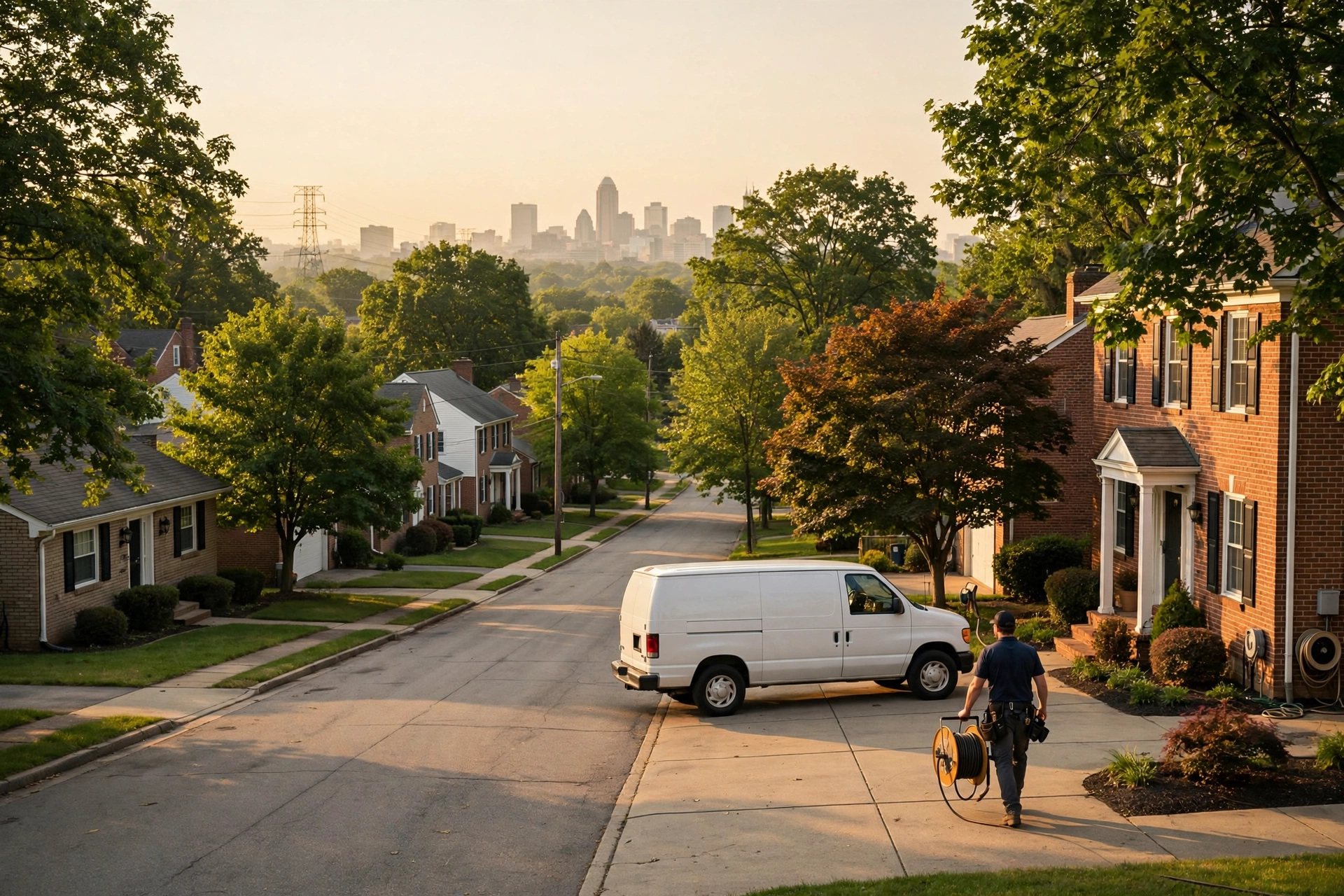 Service van parked in a driveway on a brick-lined Columbus, Ohio residential street with downtown skyline in the distance