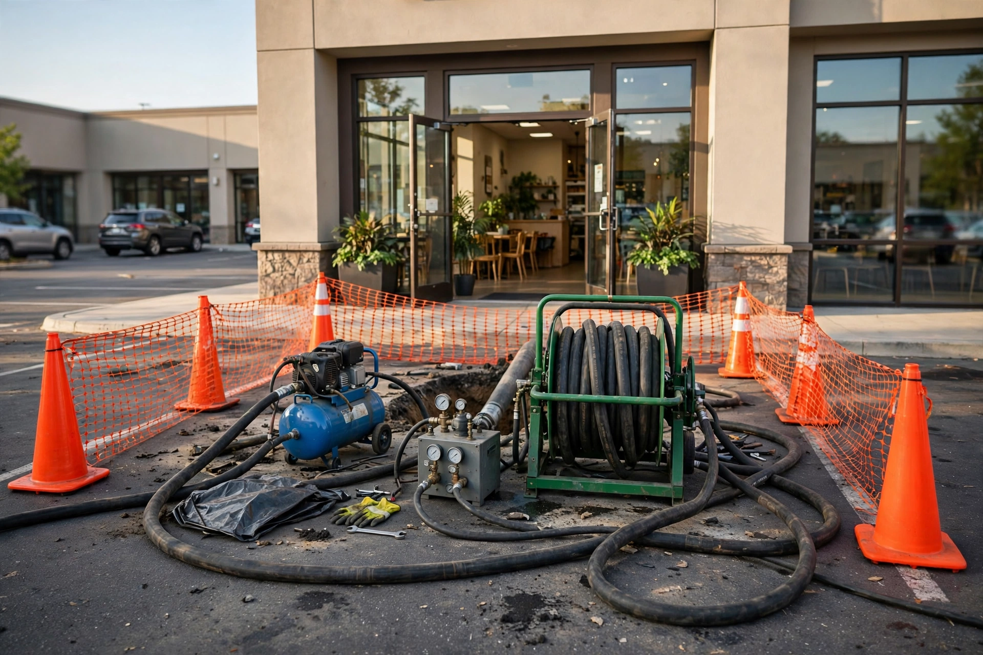 Trenchless sewer equipment set up in a small work zone in a commercial parking lot with the business entrance open