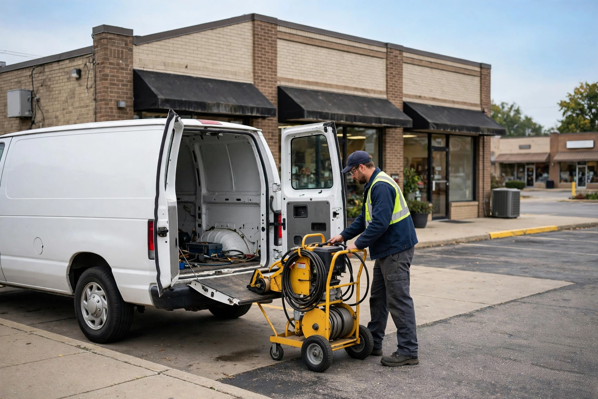 Unmarked white work van parked in front of a small Ohio strip mall with a technician unloading drain cleaning equipment