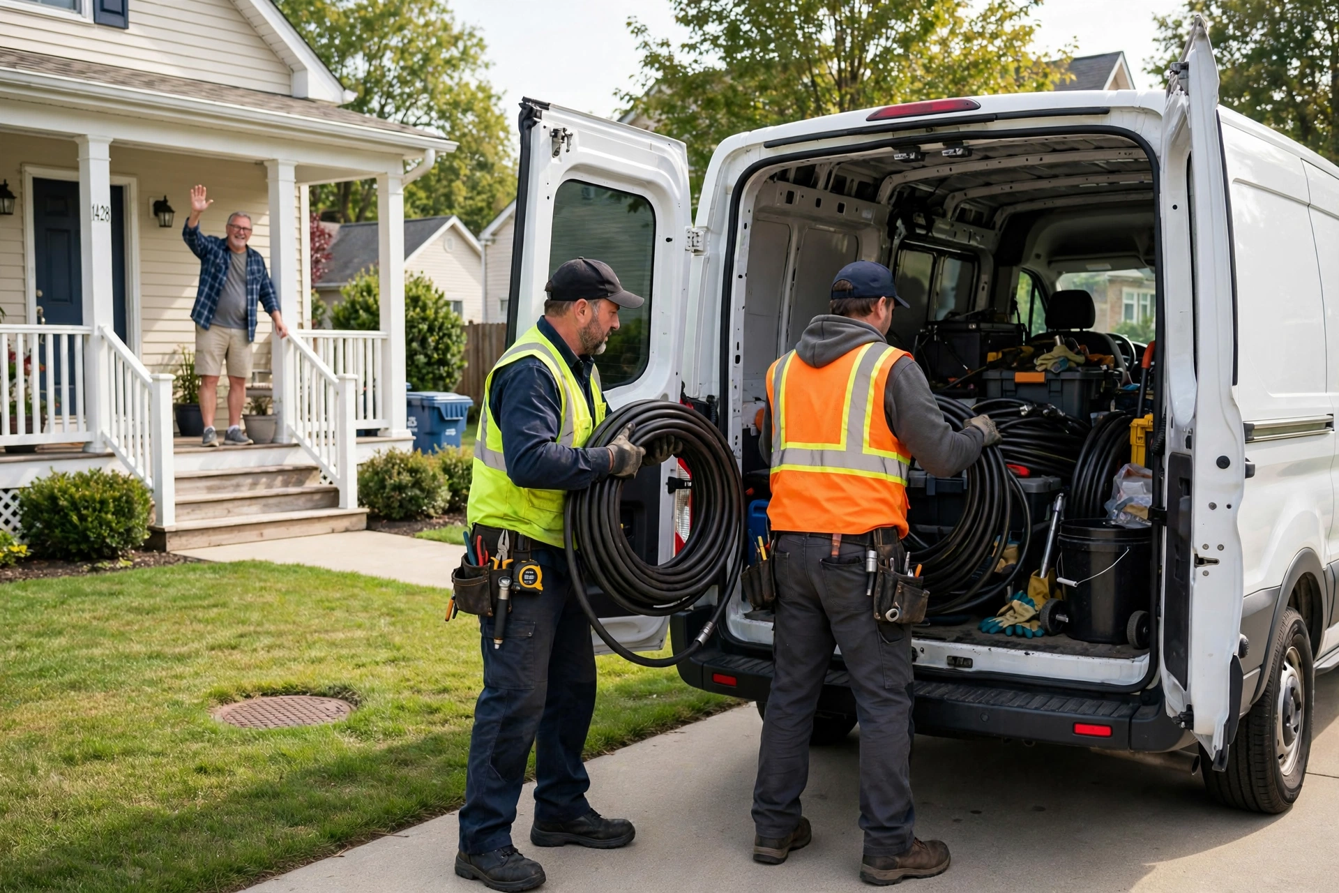 Ohio Sewer Masters crew packing up after completing a trenchless sewer repair with no yard damage