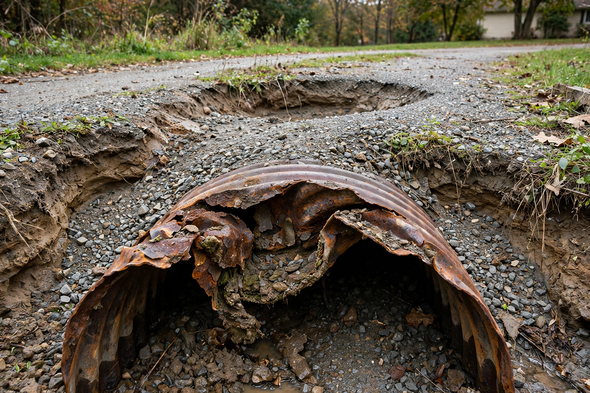 Damaged rusted steel culvert pipe end, crushed and corroded, with a sinkhole in the gravel driveway above it