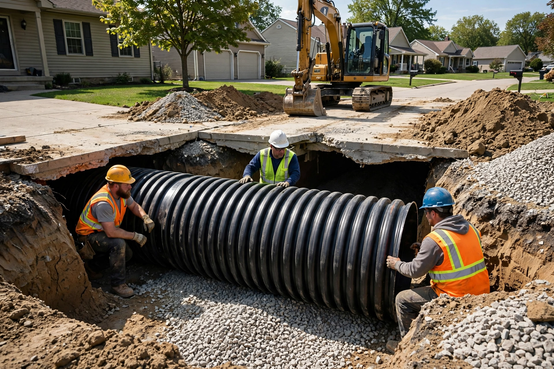 Workers installing a new black HDPE corrugated culvert pipe in an excavated trench beneath a residential driveway