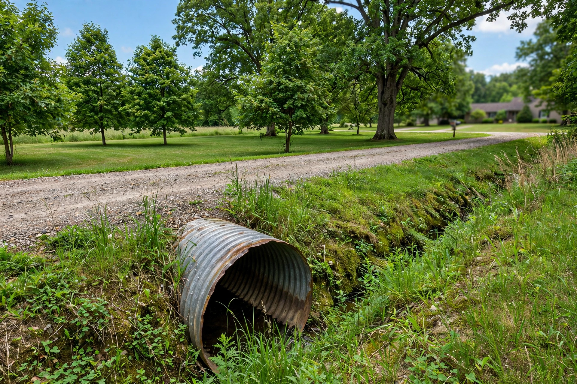 Corrugated steel culvert pipe end visible where a drainage ditch passes under a gravel driveway in rural Ohio