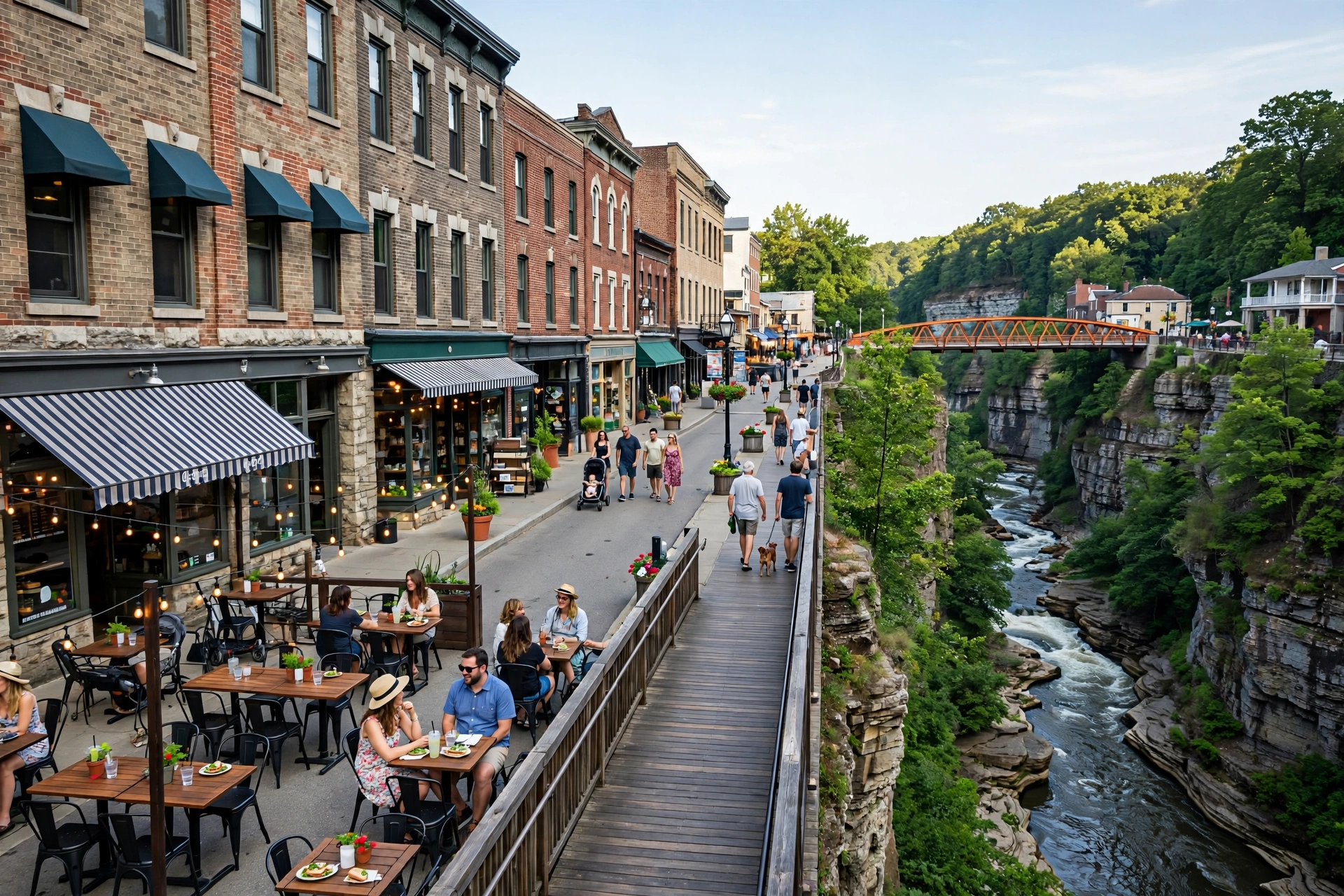Front Street in downtown Cuyahoga Falls, historic brick storefronts along the riverfront boardwalk