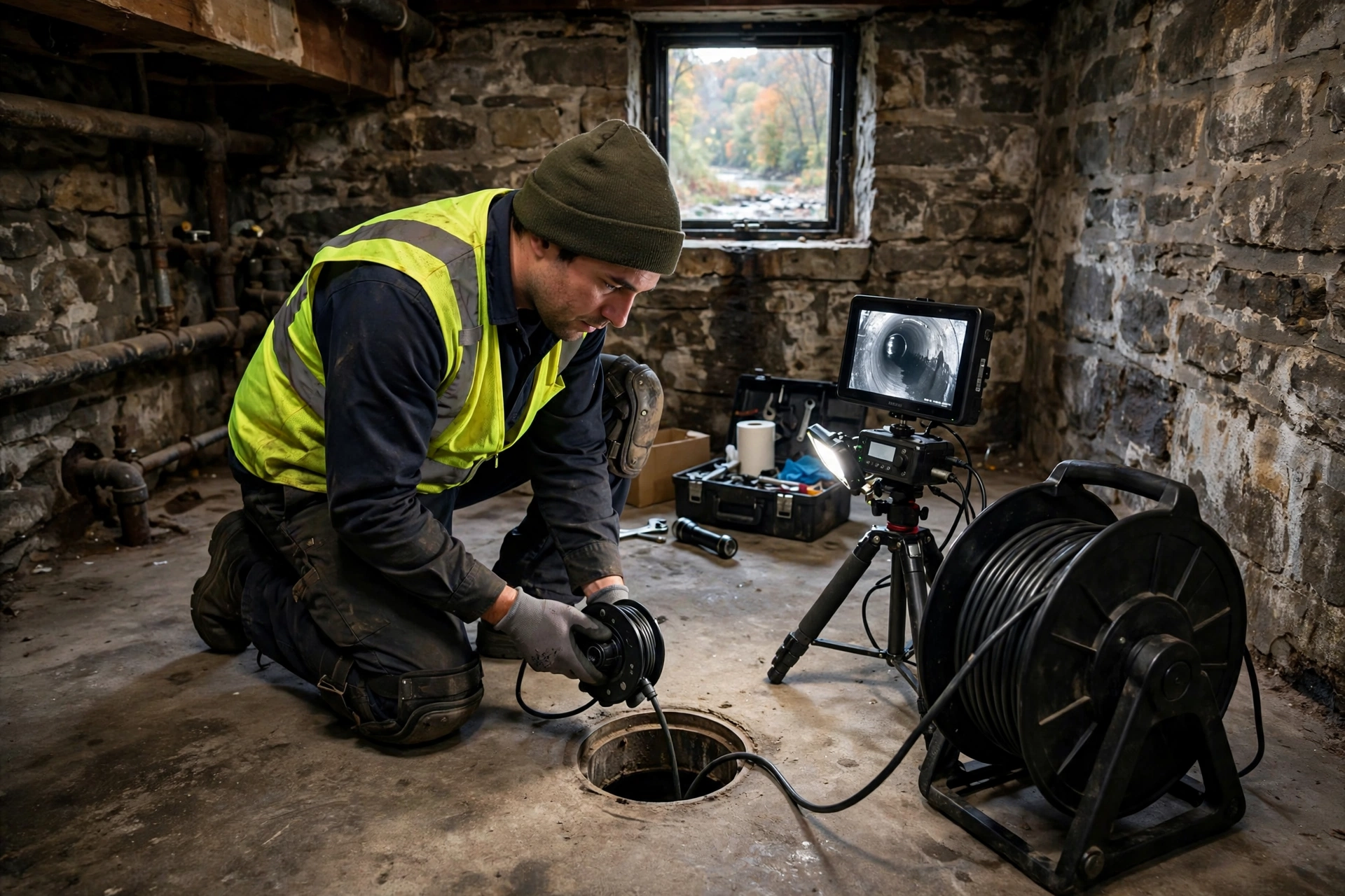 Sewer technician running a camera inspection in an older Cuyahoga Falls home near the river valley
