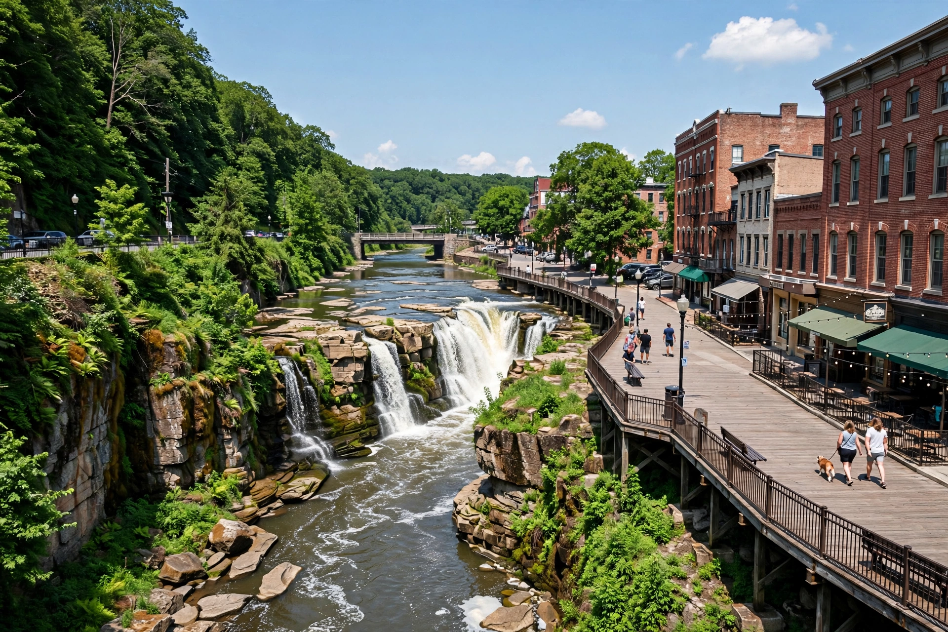 The Cuyahoga River flowing over the falls through downtown Cuyahoga Falls, with the Front Street riverfront district alongside