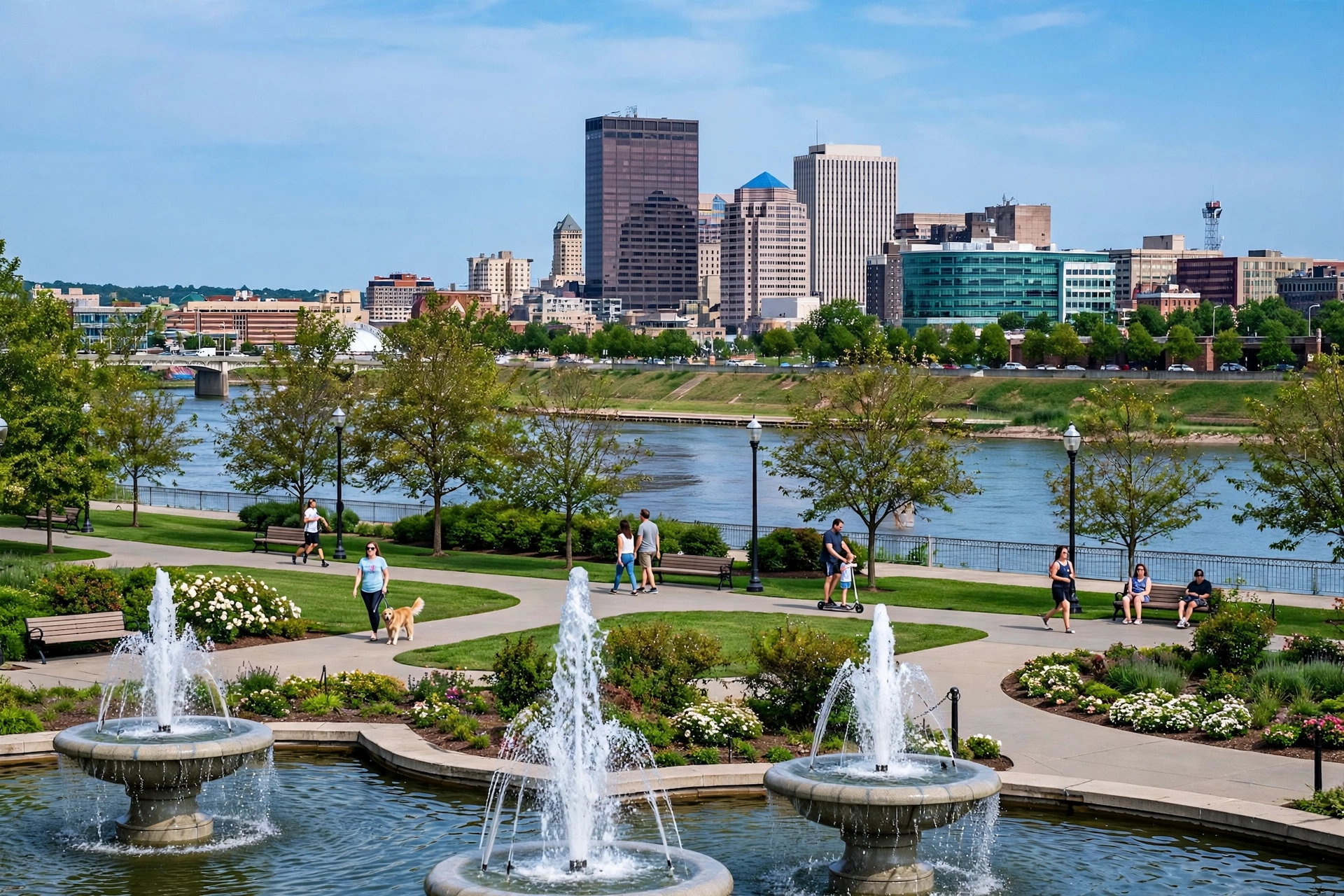 Downtown Dayton skyline viewed from across the Great Miami River with Riverscape park in the foreground