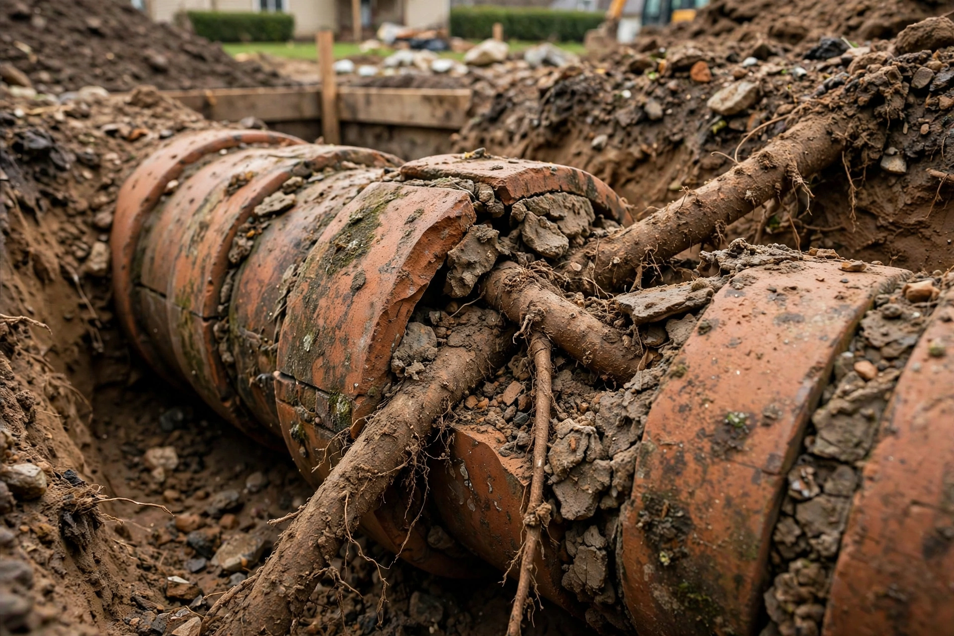 Excavated vitrified clay tile sewer pipe with tree roots growing into its crumbling mortar joints
