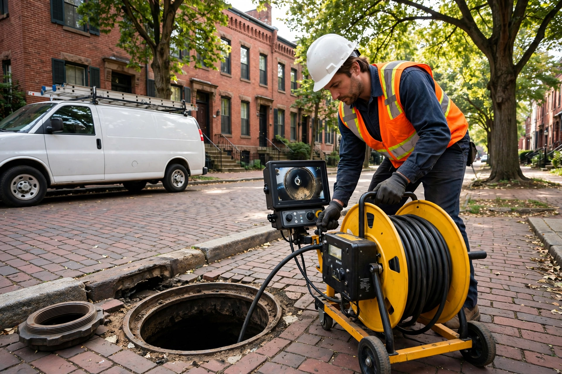 Sewer camera inspection technician working in front of historic brick homes on a brick street in Dayton's Oregon District