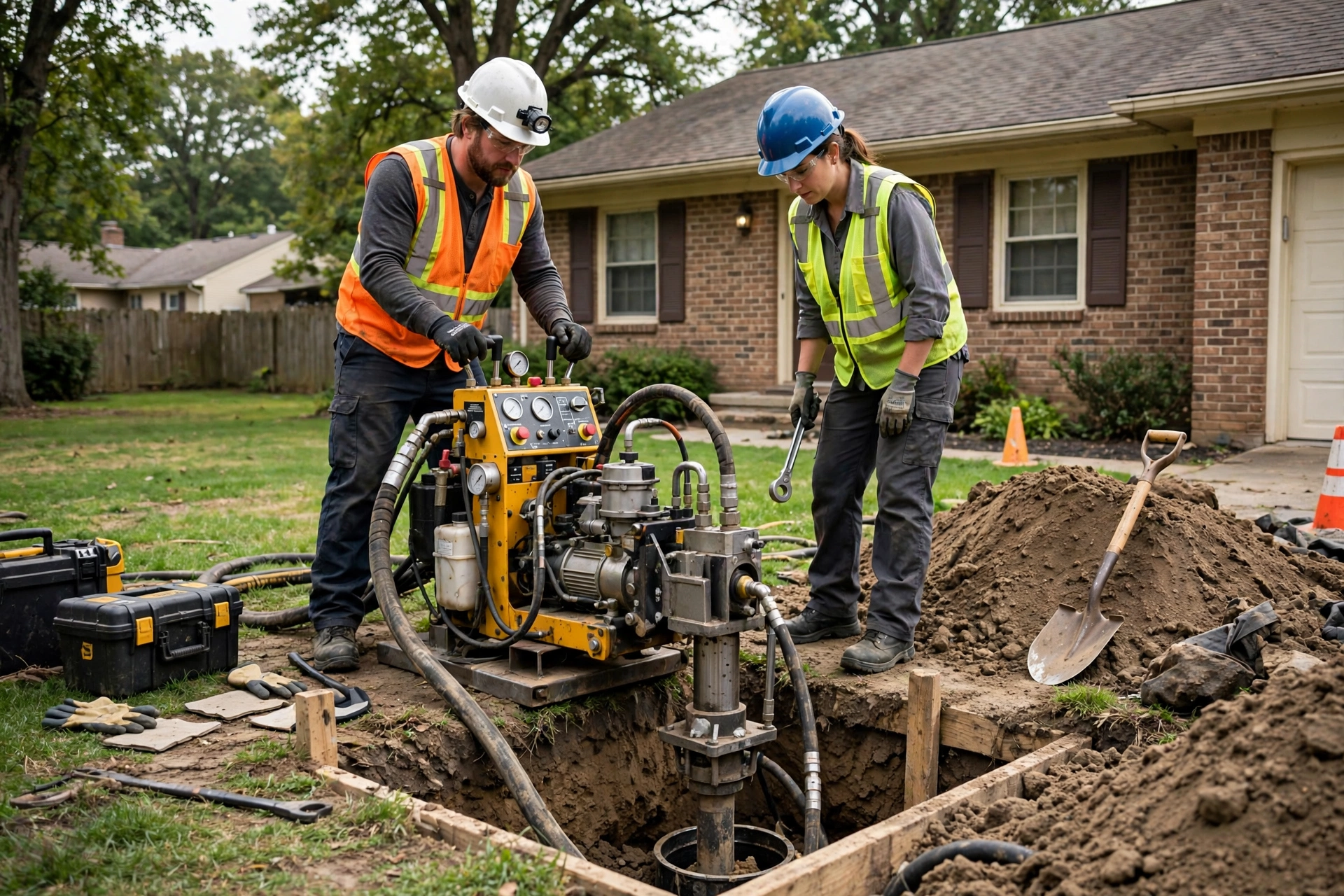 Two technicians operating trenchless sewer repair equipment at a Dayton Ohio home with a brick ranch house and green lawn
