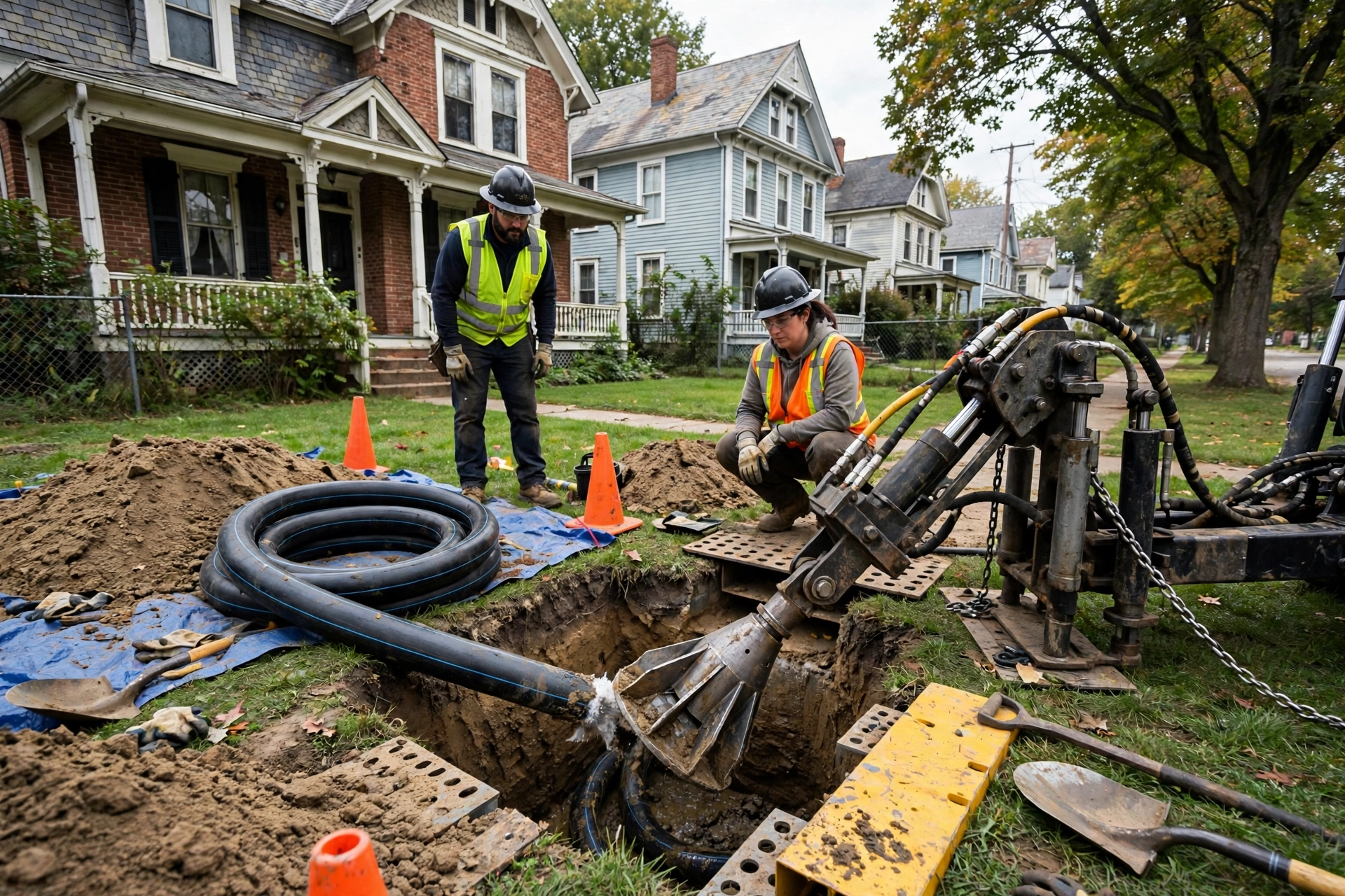 Pipe bursting equipment set up in the yard of a 1920s foursquare house in Delaware, Ohio