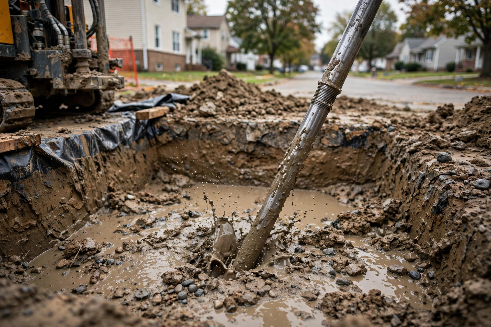 Close-up of steel drill rods angled into a directional drilling entry pit with drilling fluid around the bore entry