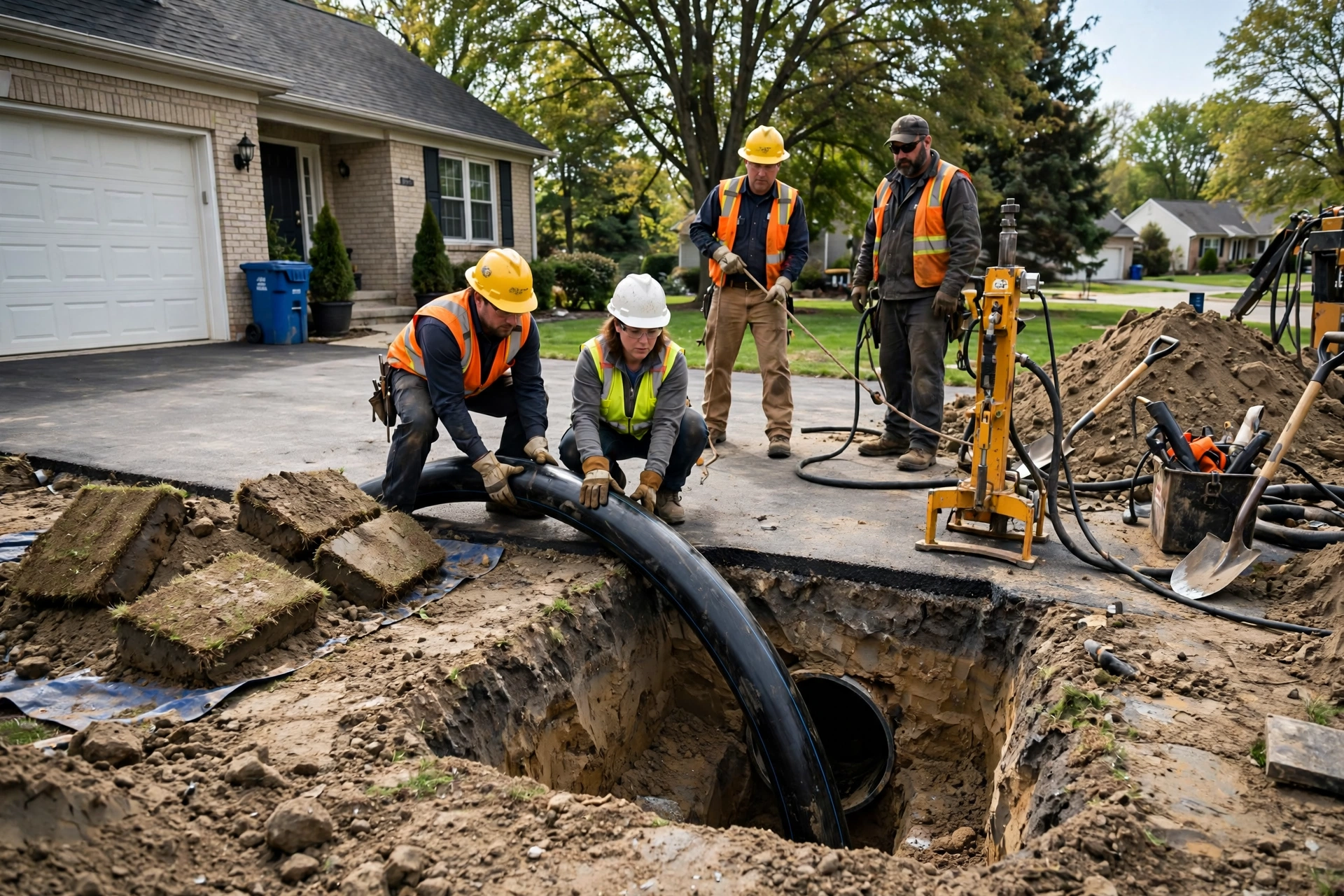 Crew pulling new black HDPE pipe into the ground during a directional drilling pullback under an intact paved driveway