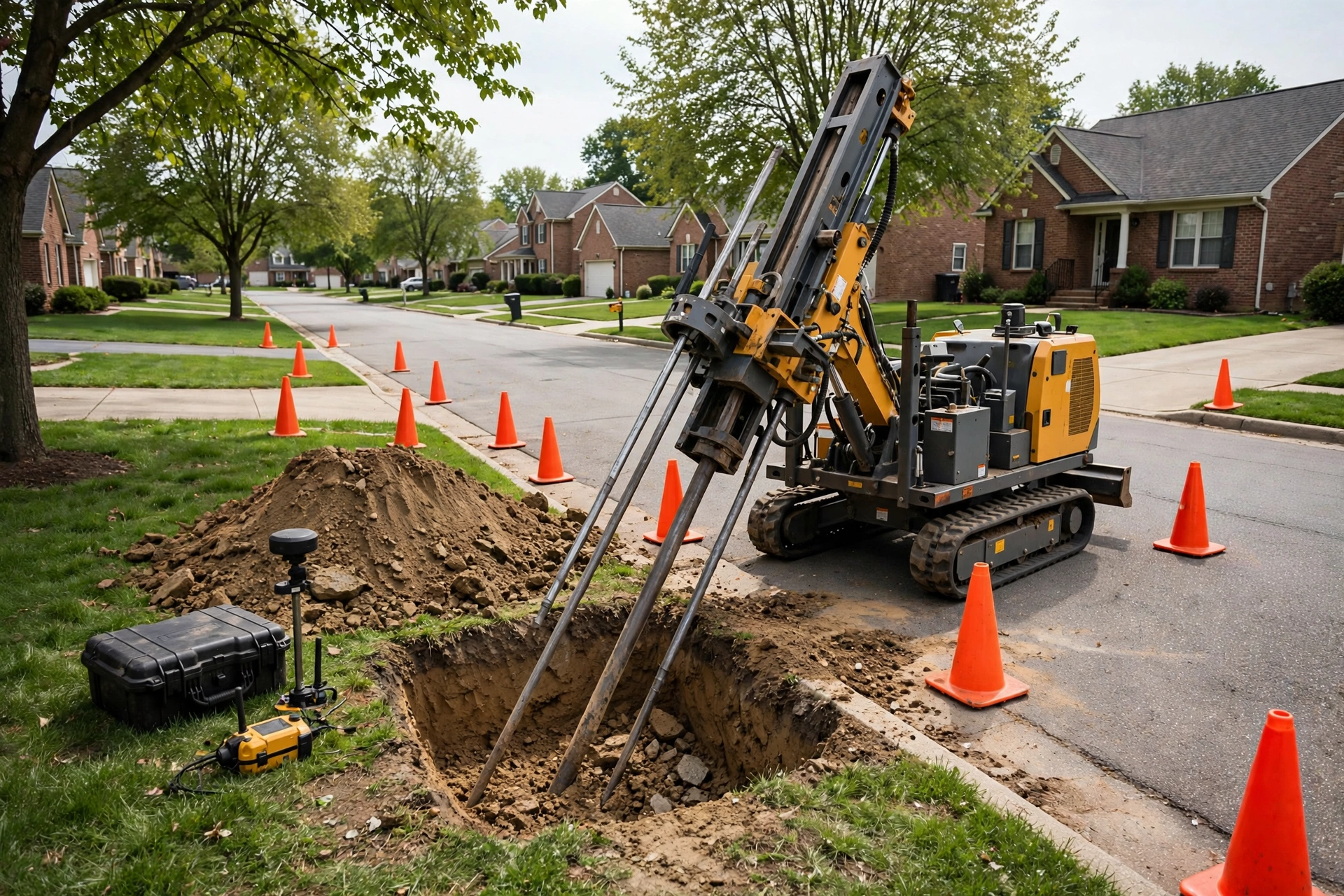 Horizontal directional drilling rig set up on an Ohio residential street, drill rods angled into a ground entry pit with suburban homes behind