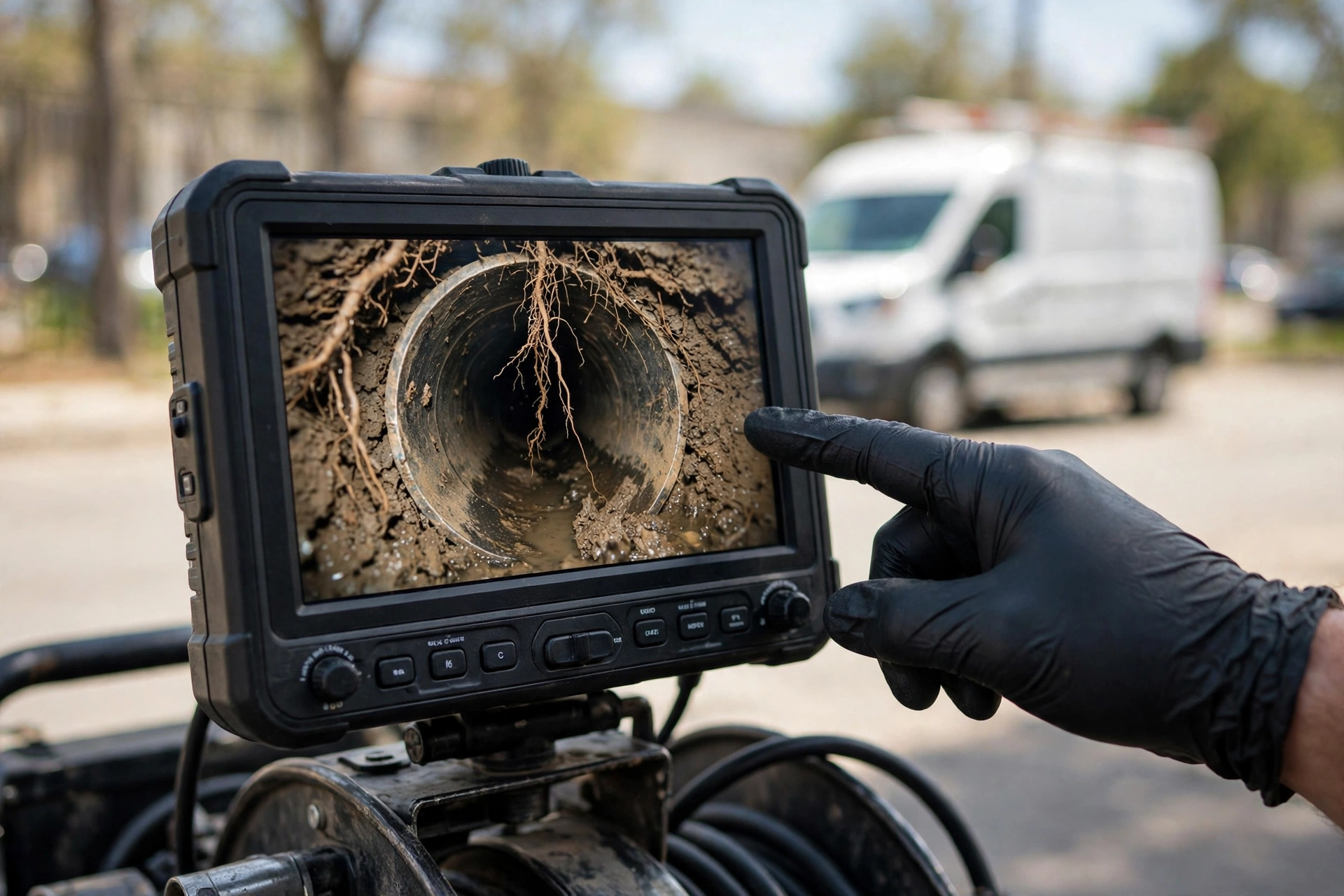Technician holding a sewer camera monitor showing the inside of a residential sewer pipe