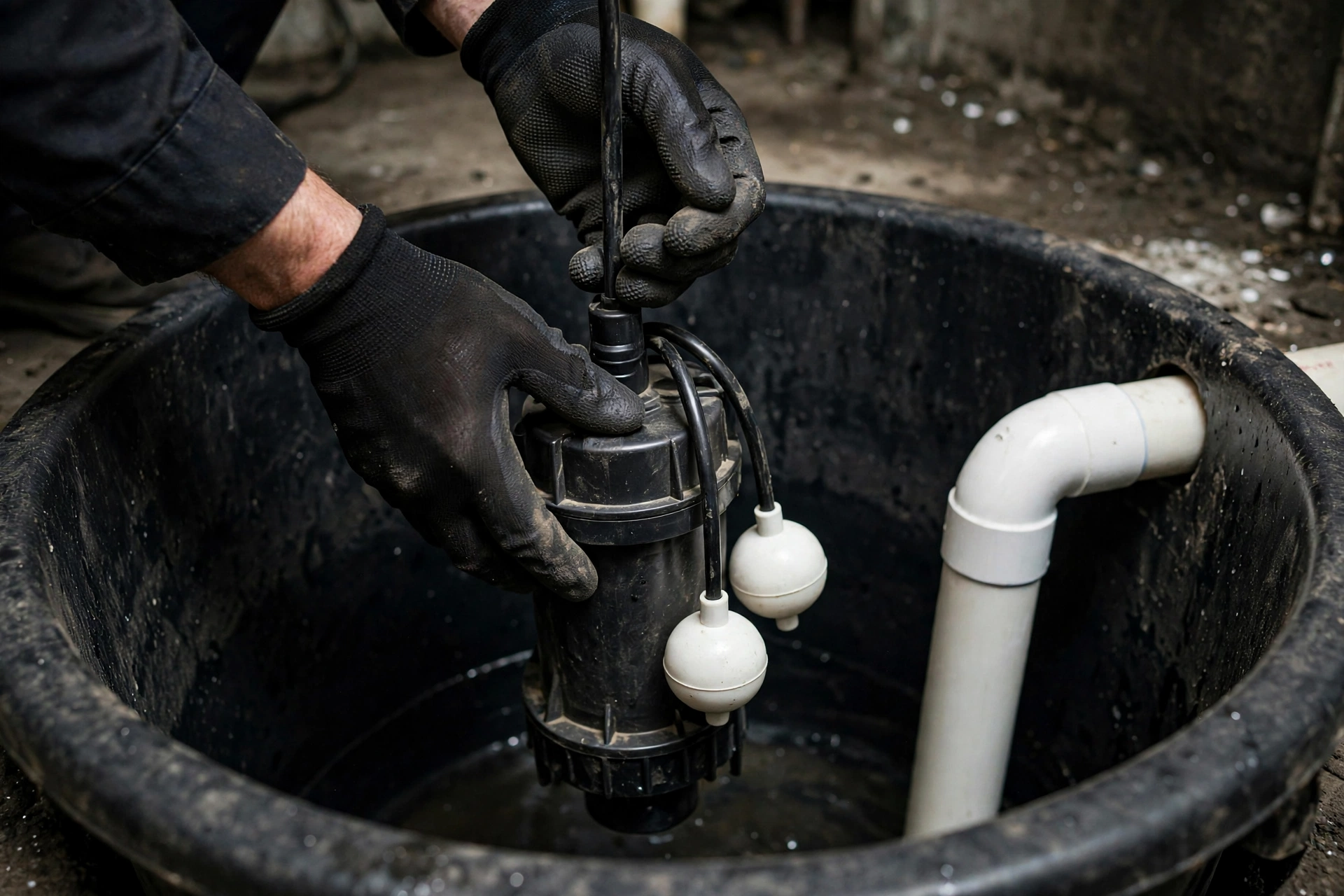 Plumber lowering a sewage ejector pump into an open ejector basin during installation in a basement