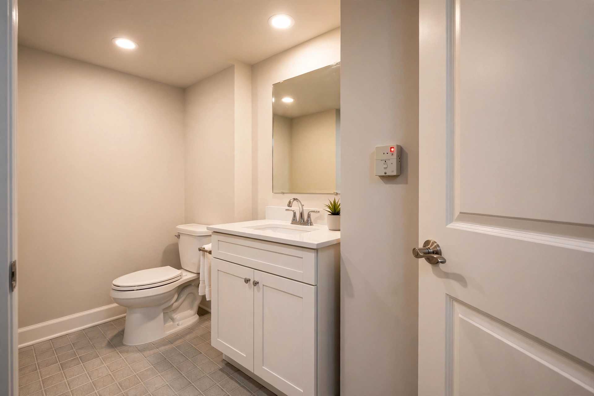 Finished basement bathroom with an ejector pump high-water alarm panel mounted on the wall