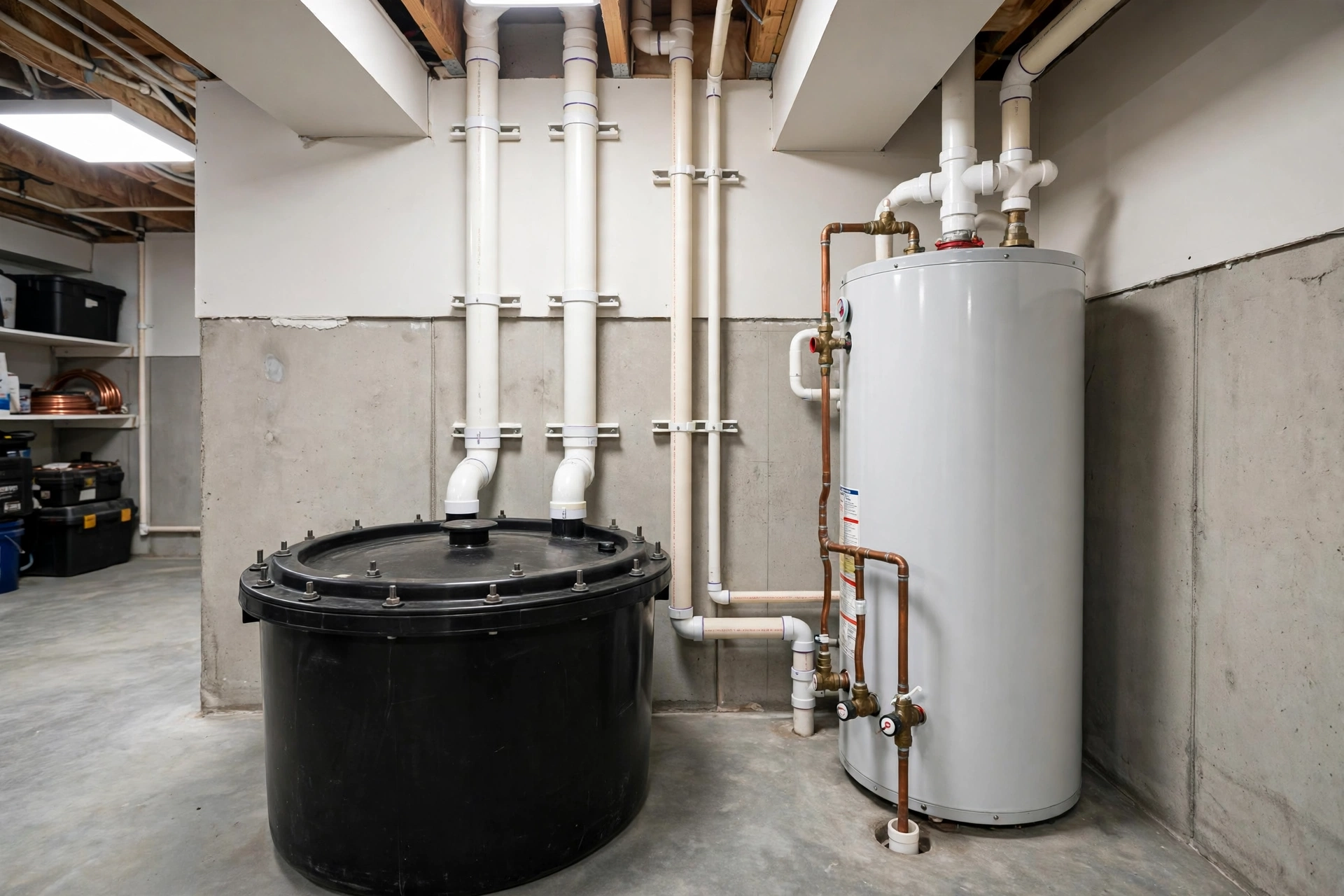 Sealed black sewage ejector pump basin with bolted airtight lid in an Ohio basement utility room, with PVC discharge and vent pipes