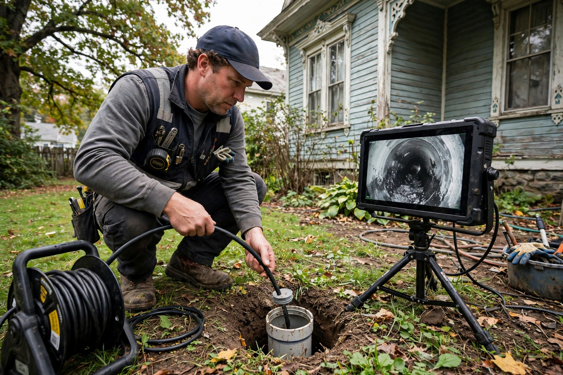 Plumbing technician requirementding a sewer camera into a cleanout pipe at an older Victorian home in Elyria, Ohio