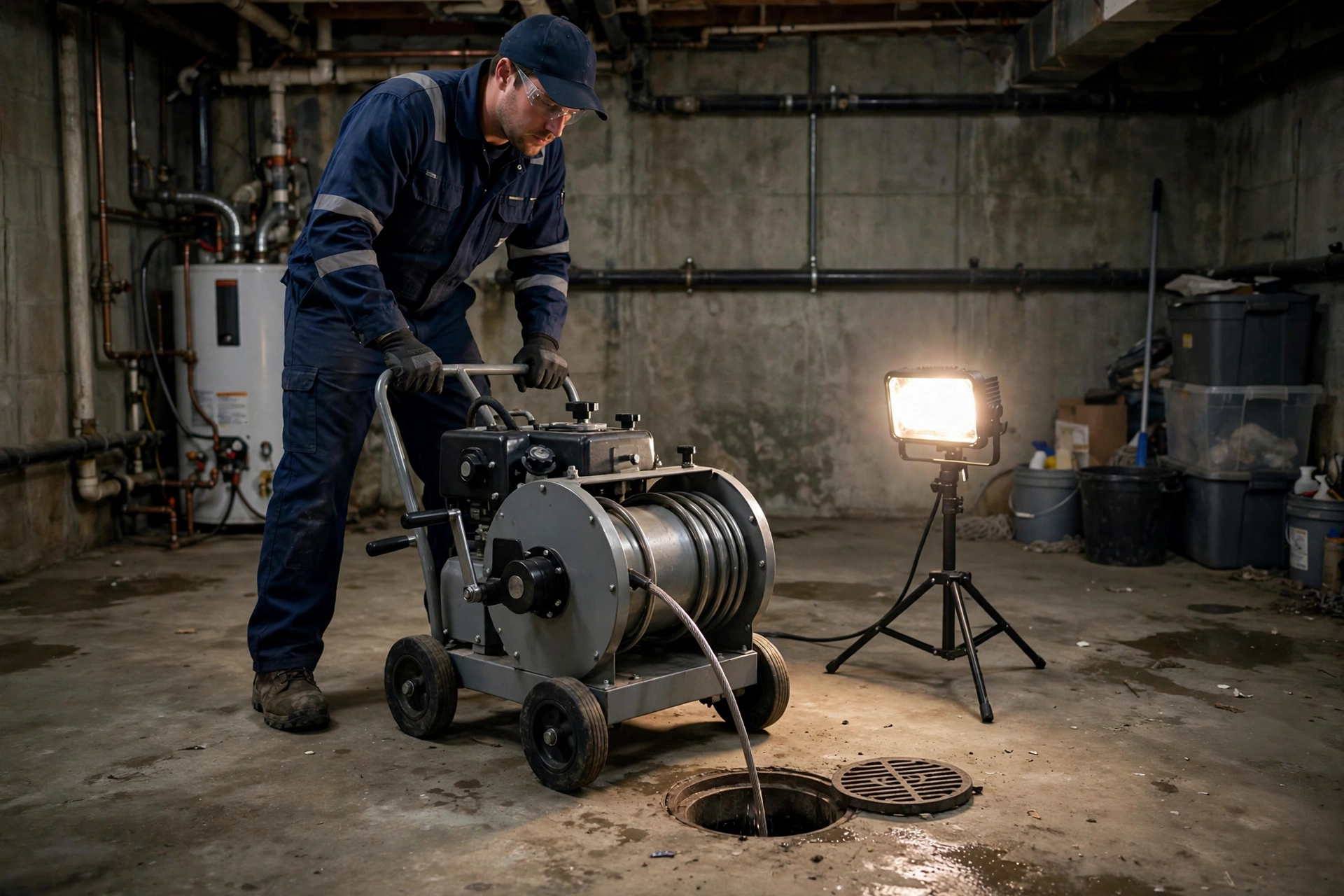 Uniformed technician operating a professional drum auger drain cleaning machine in a residential basement near a floor drain, with a portable work light set up