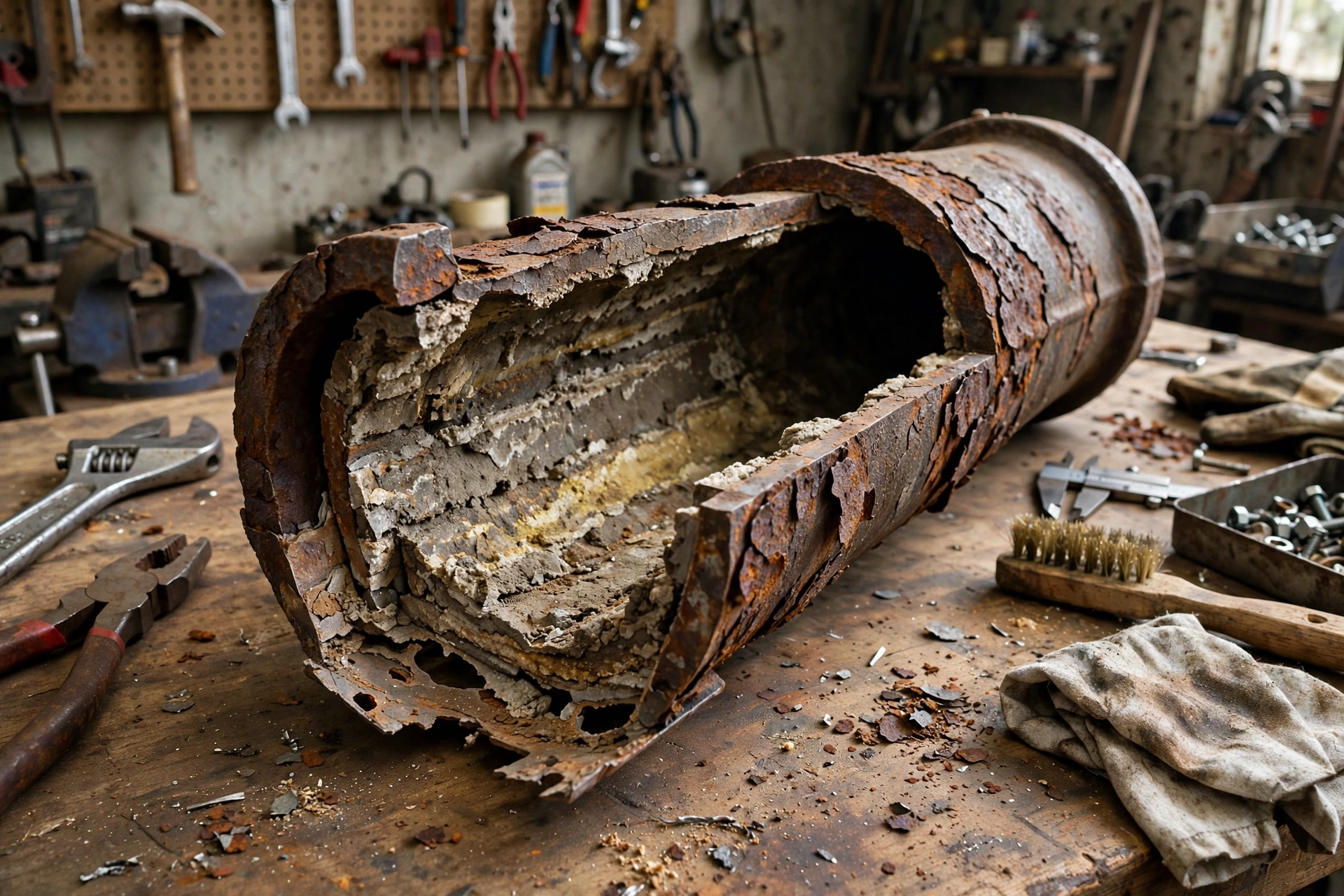 Cutaway section of corroded cast iron sewer pipe with heavy rust and internal scale buildup, showing how the pipe wall thins from the inside out