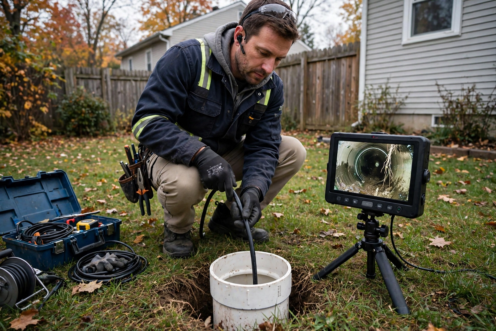 Technician requirementding a sewer camera cable into an outdoor cleanout with a monitor showing the pipe interior