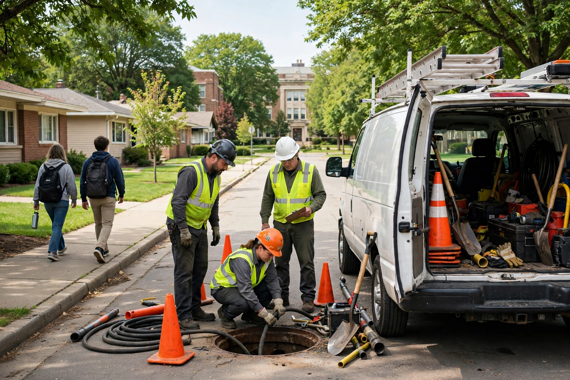 Sewer repair crew with service van working on a residential street near a university campus in Fairborn