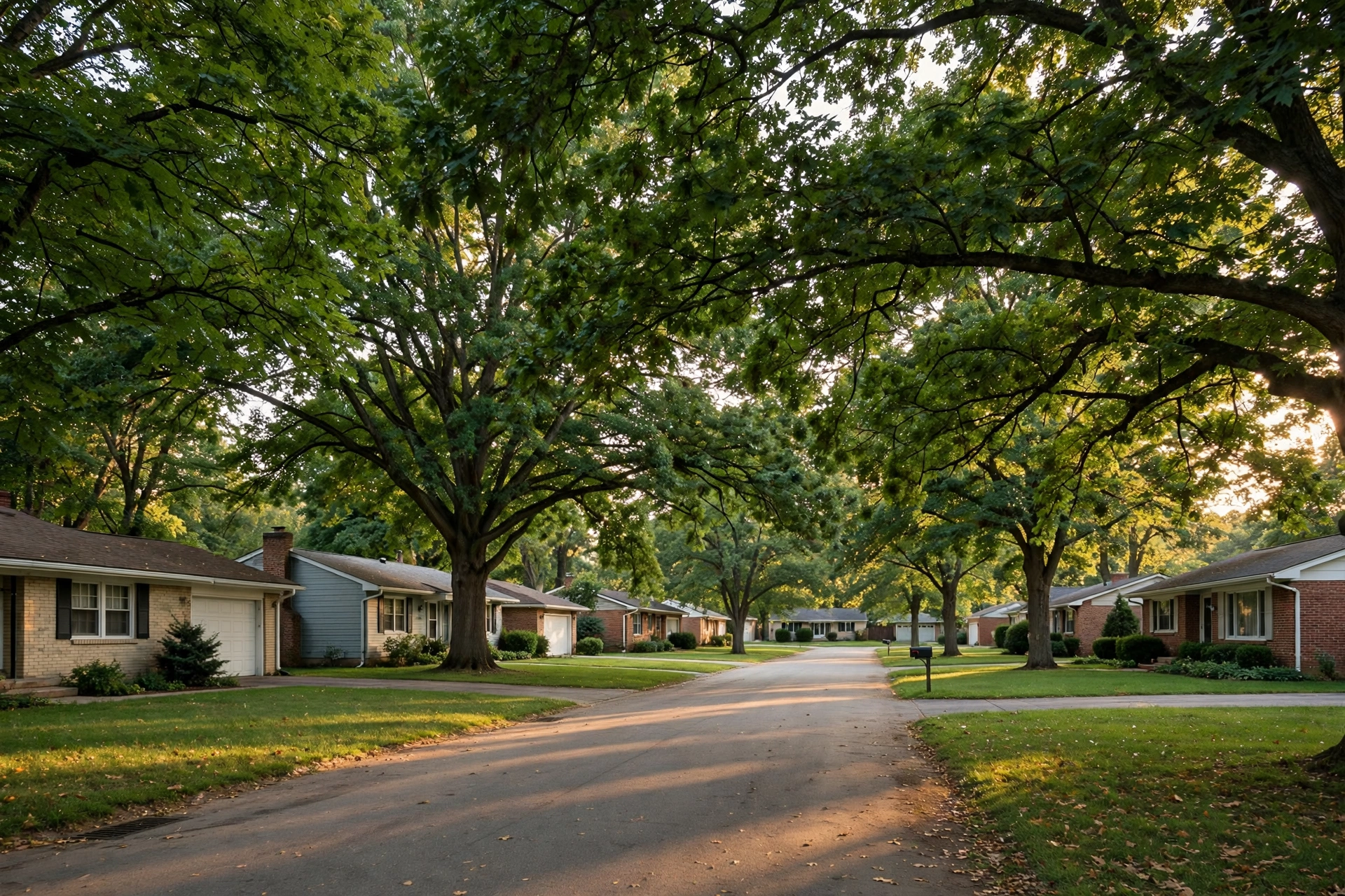 Suburban Fairfield Ohio neighborhood with ranch homes and mature tree canopy along a quiet street