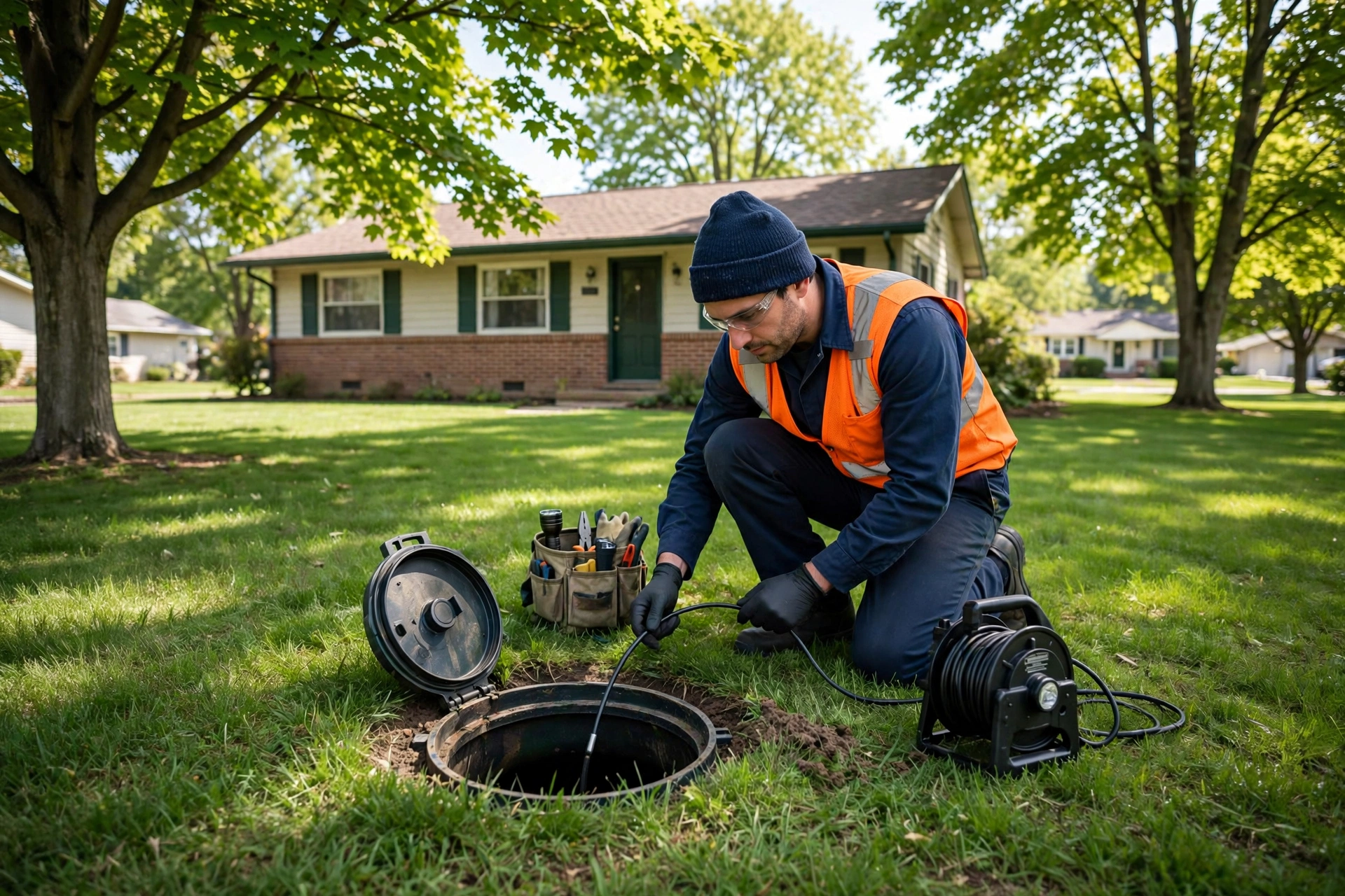 Sewer camera technician inspecting a lateral in the front yard of a suburban Fairfield Ohio ranch home with mature trees