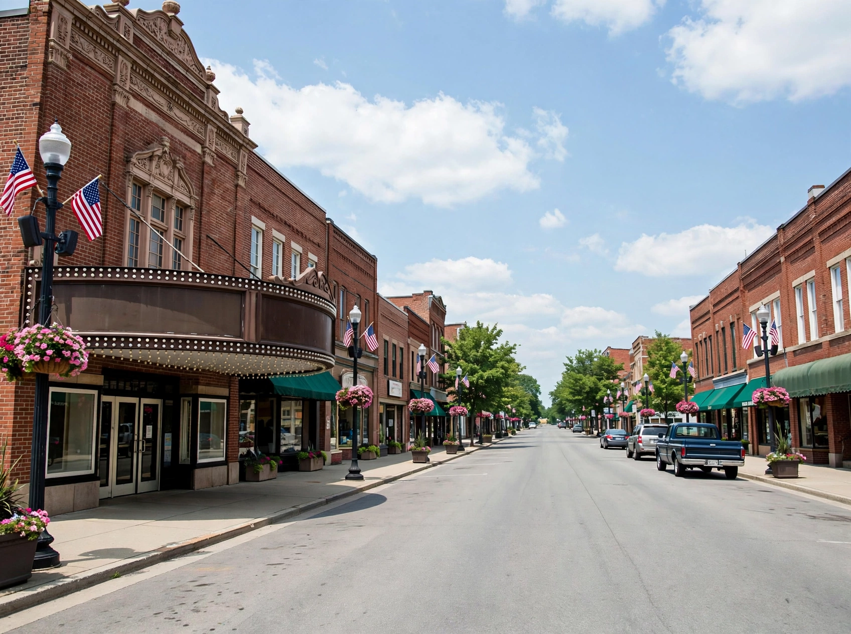 Historic brick storefronts and a theater marquee on Main Street in downtown Findlay, Ohio