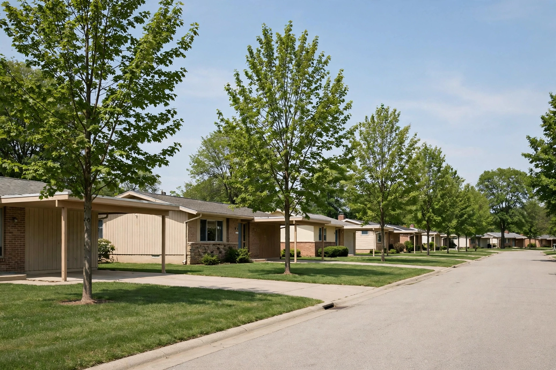 Mid-century planned community streetscape in Forest Park Ohio with ranch homes and uniform street trees