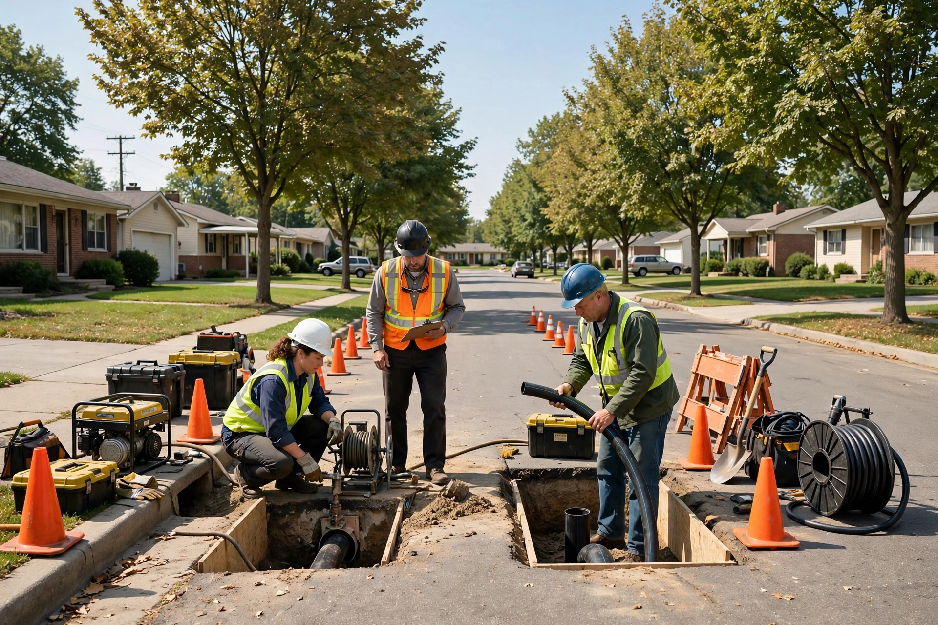 Trenchless sewer repair crew working with small access pits on a mid-century Forest Park Ohio street with ranch homes