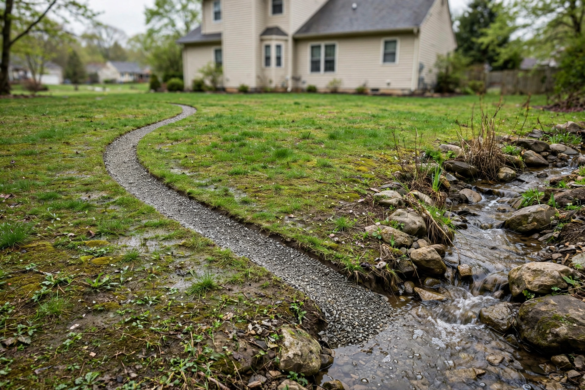 Completed french drain in a backyard with a gravel channel carrying water to a dry creek bed outlet