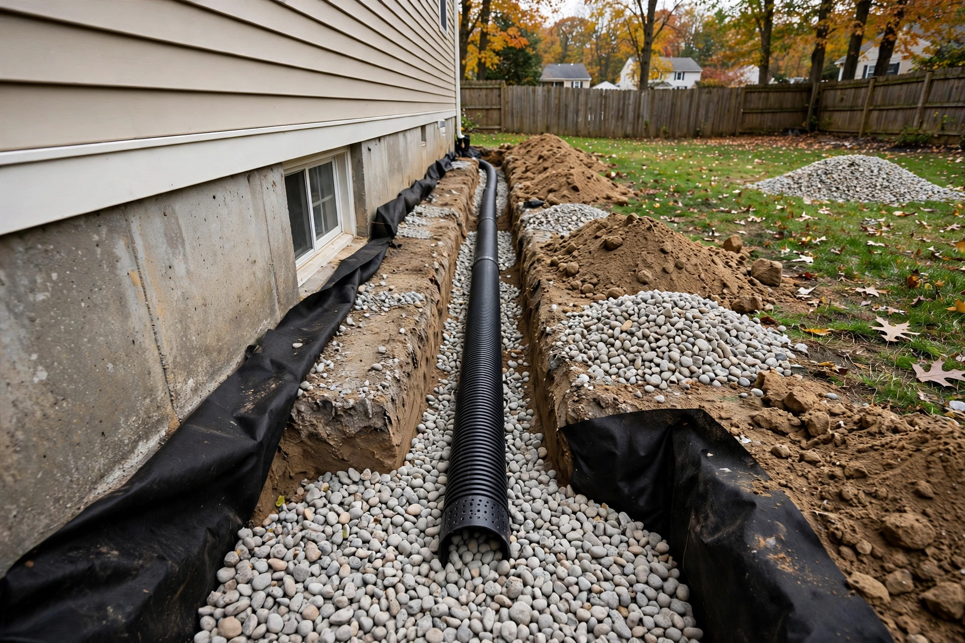 Open french drain trench alongside a house foundation with perforated pipe bedded in gravel
