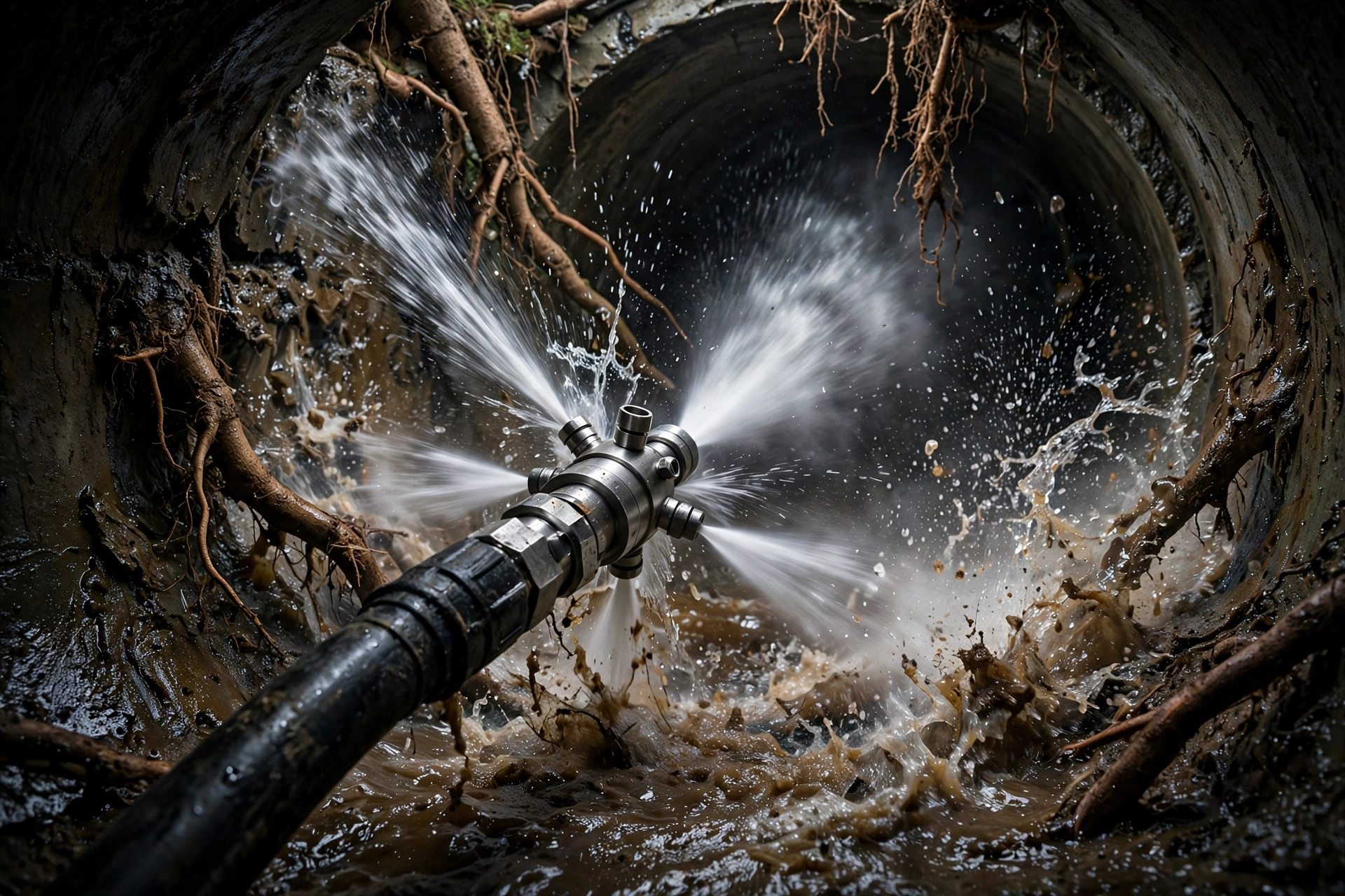 Hydro jetting nozzle blasting high-pressure water inside a sewer pipe to clear grease, roots, and scale