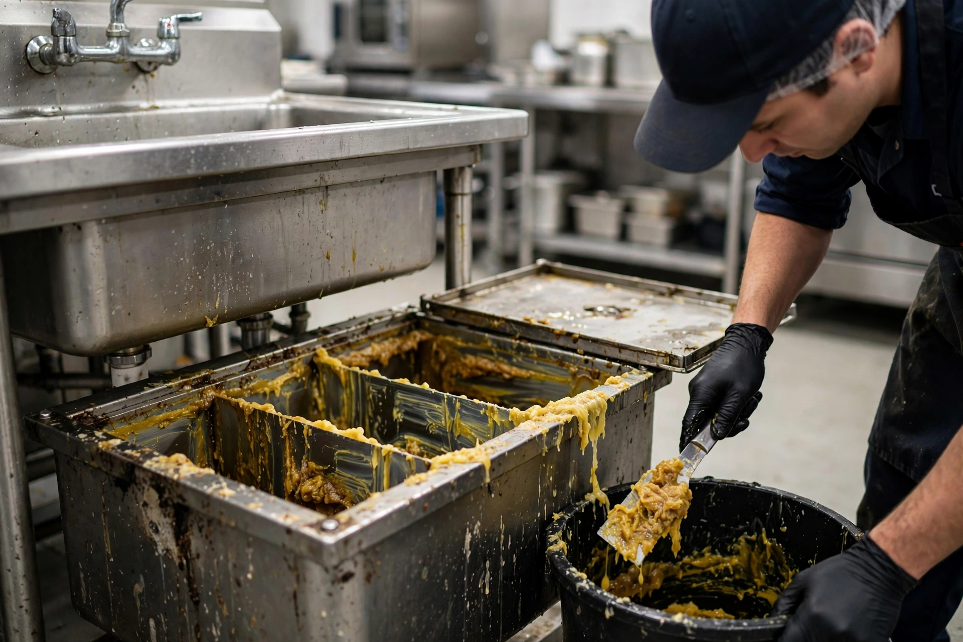 Technician cleaning an open commercial grease trap, scraping thick grease from the baffles into a waste container