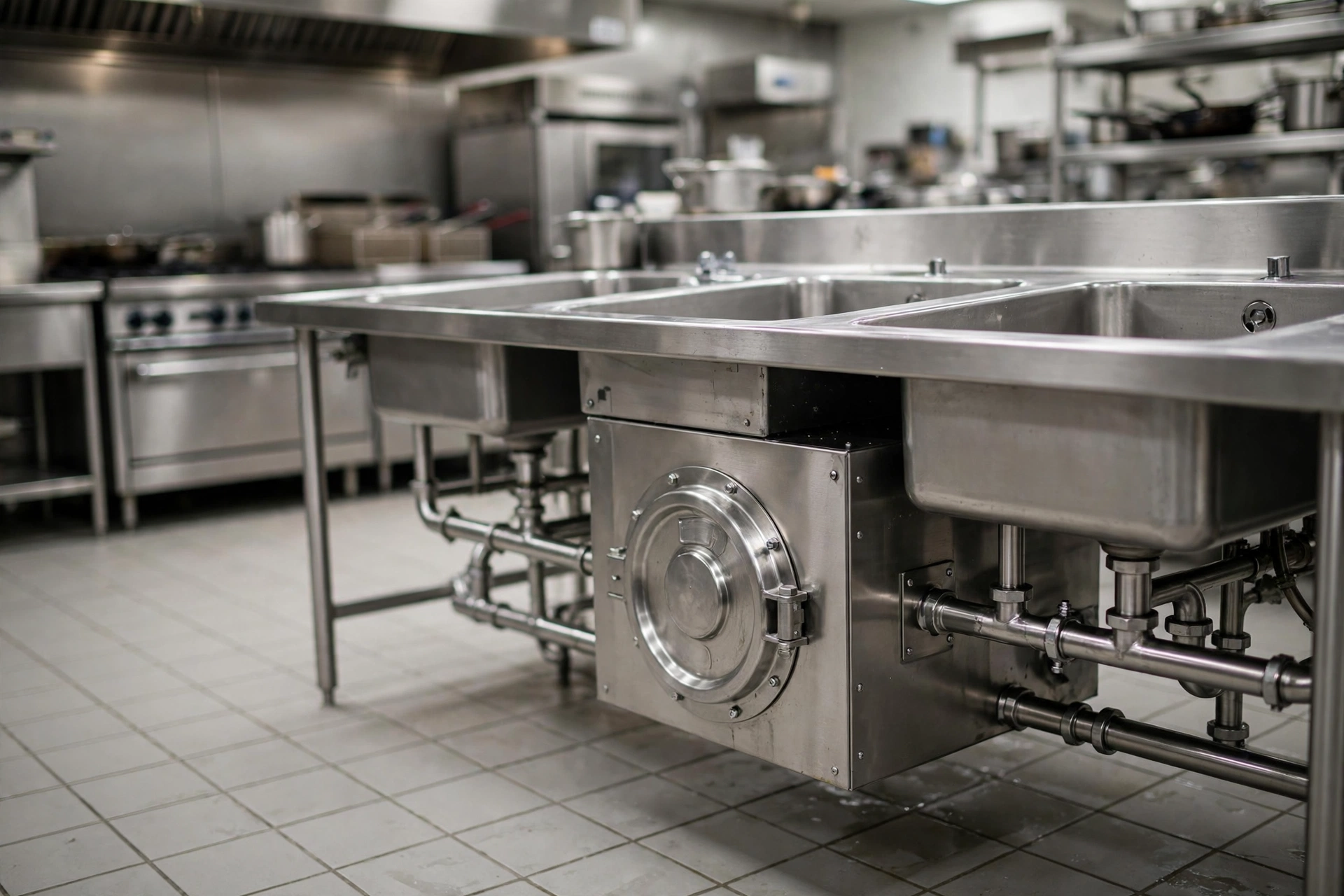 Stainless steel grease trap installed under commercial kitchen sinks with clean piping and access lid