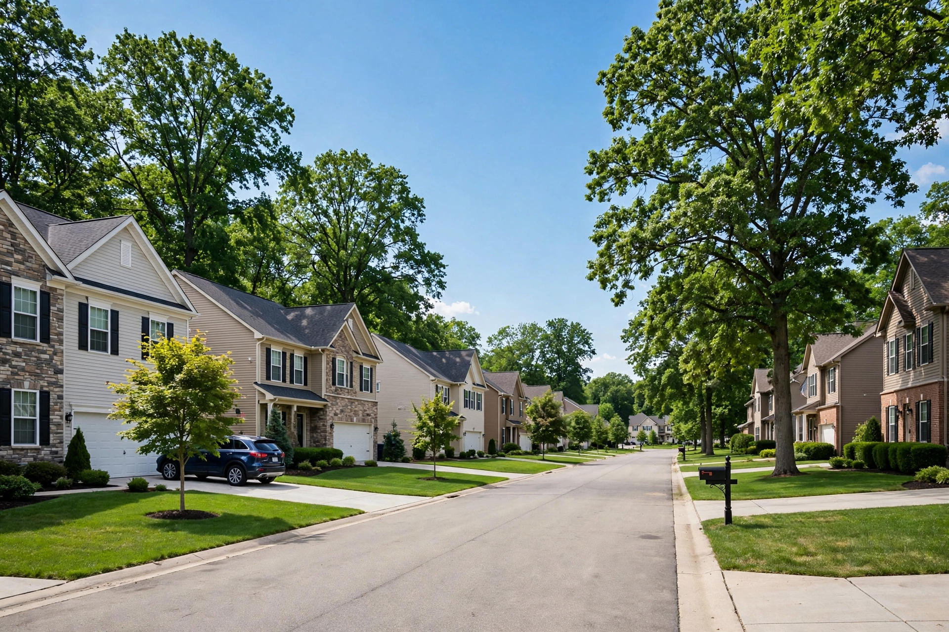 Suburban street in Green, Ohio, with newer subdivisions and mature trees along the I-77 corridor