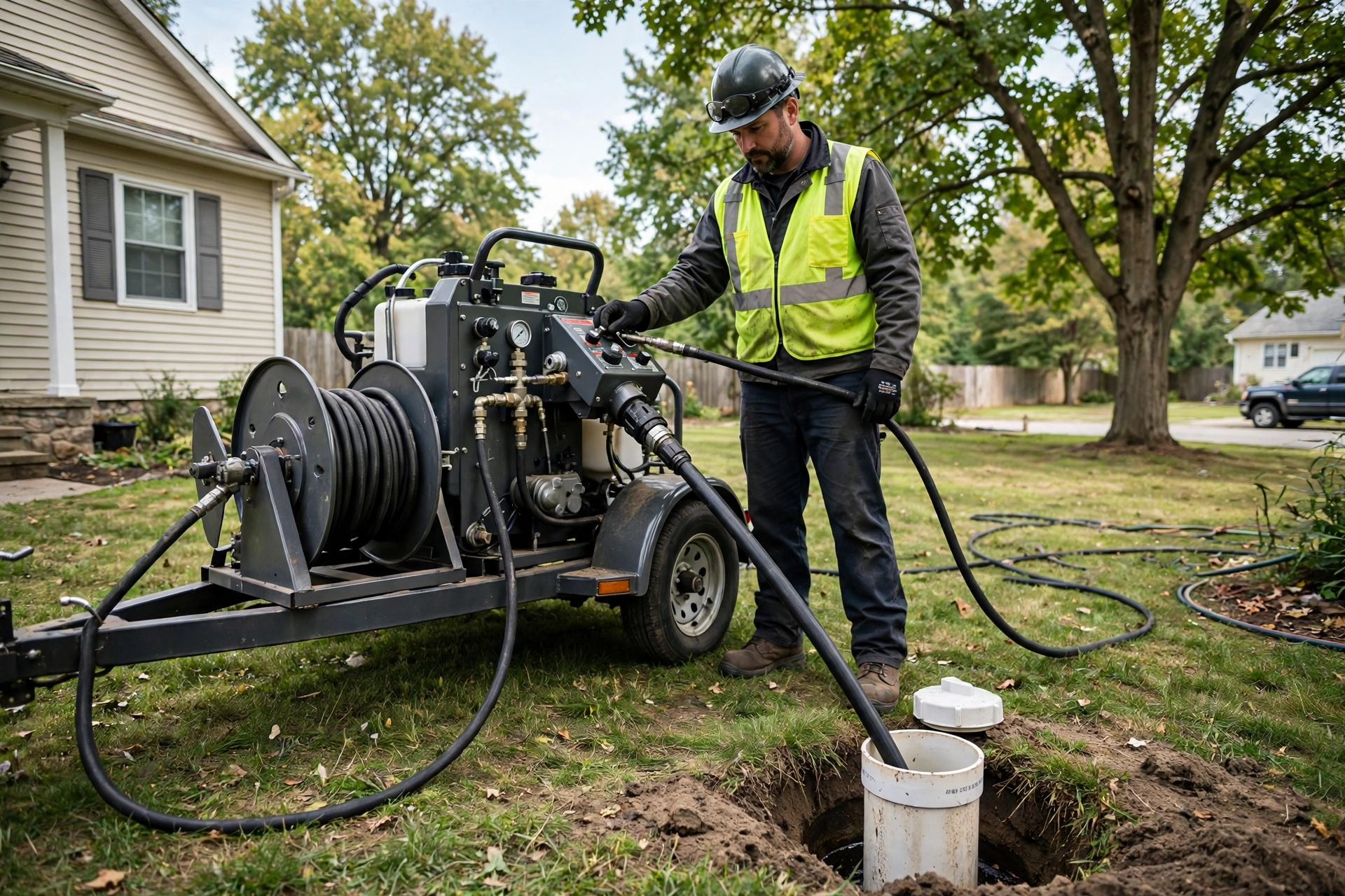 Cured-in-place pipe lining equipment renewing a sewer line through a small access pit in a Grove City, Ohio backyard