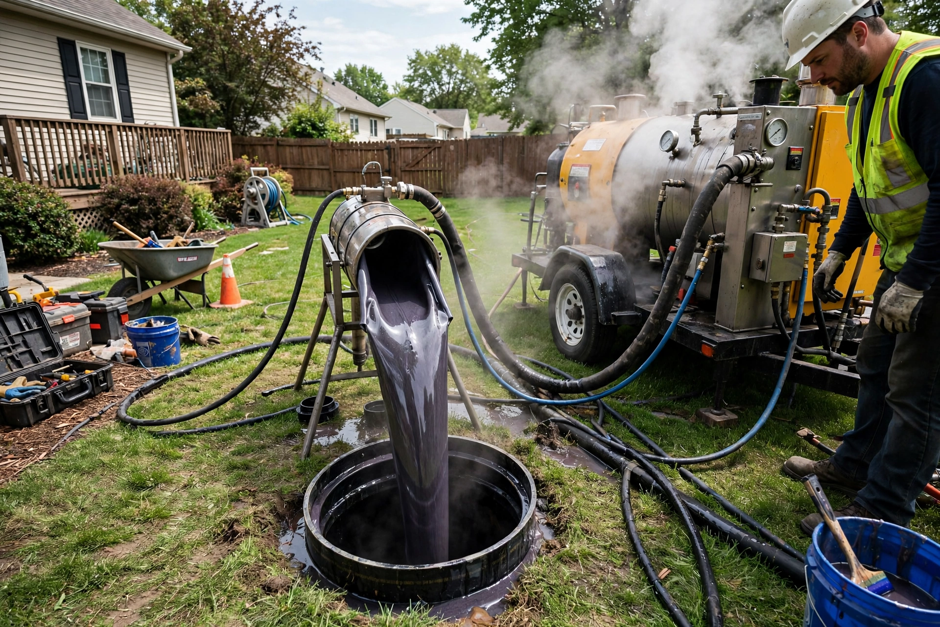 Technician with a sewer camera reel unit at an outdoor cleanout in a Hilliard, Ohio suburban yard