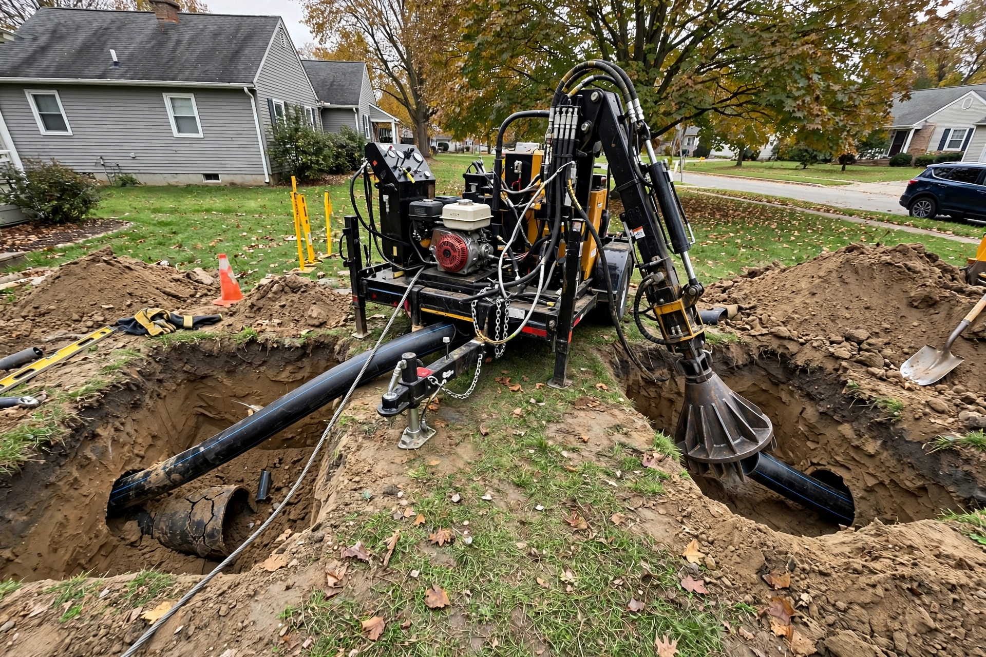 Pipe bursting equipment pulling new HDPE pipe through an old sewer line between two small pits