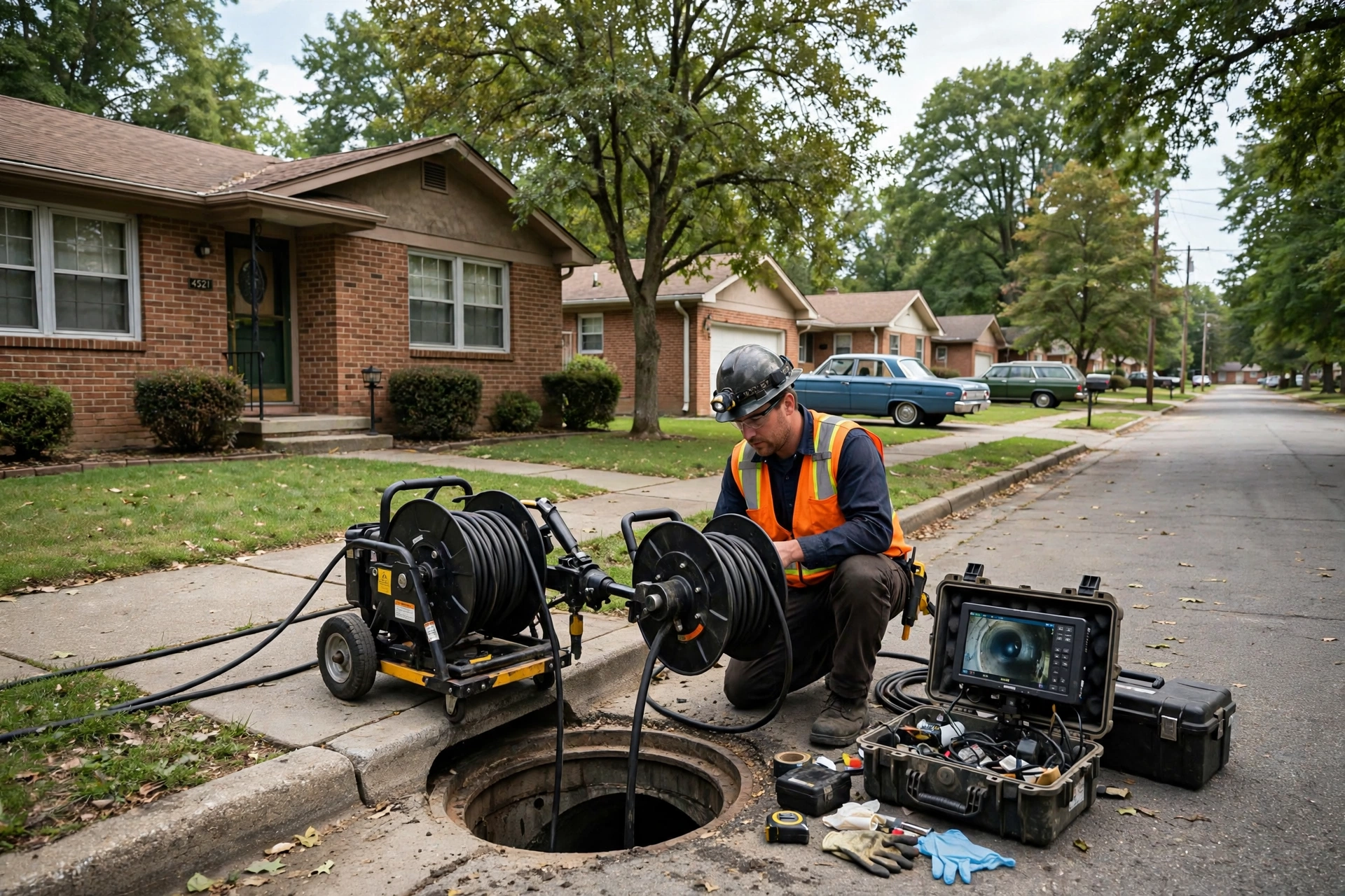 Sewer camera inspection technician at a 1960s brick ranch home in Huber Heights